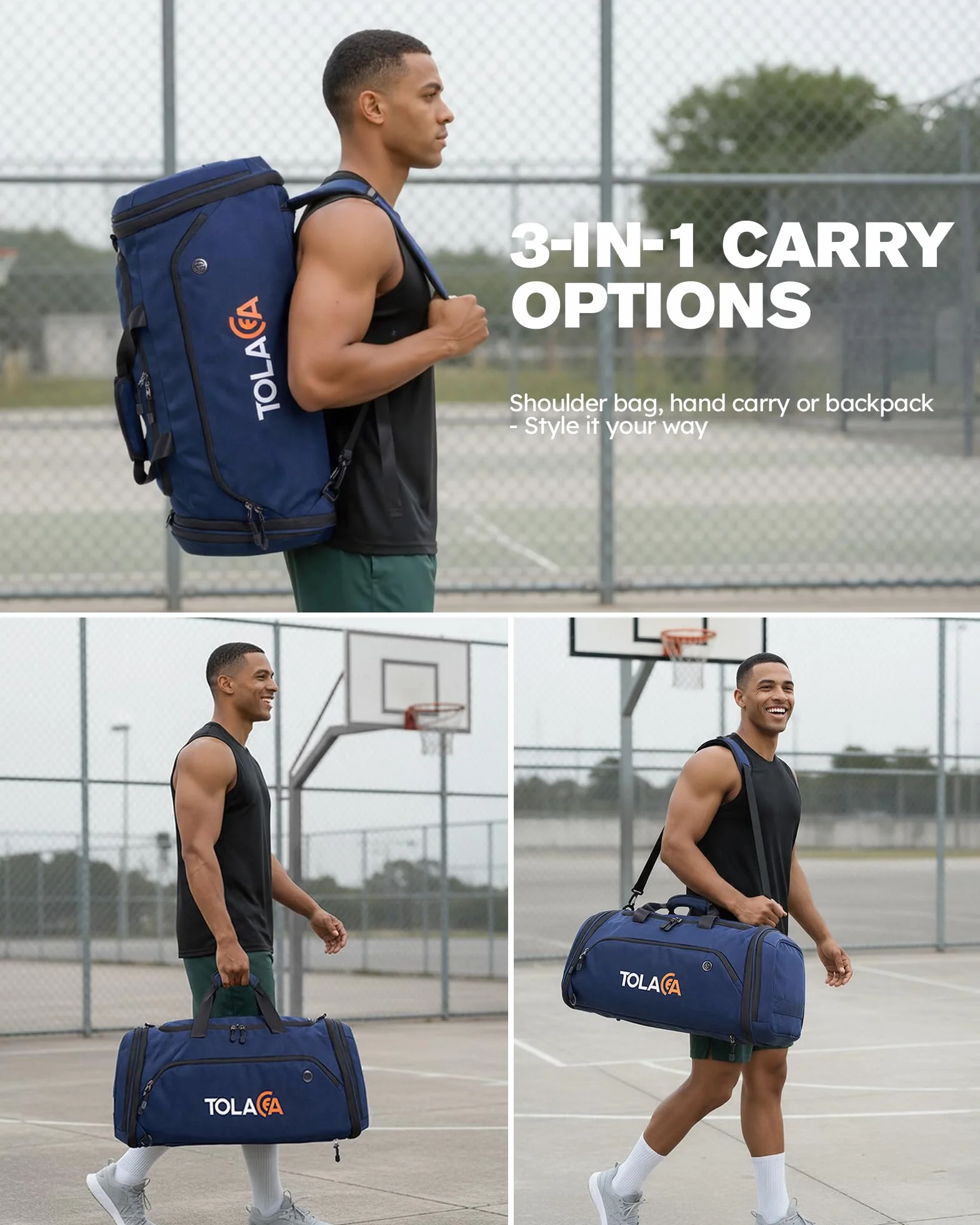 Tolaccea Sac de Sport Extensible 56–70L Homme Femme – Grand Sac de Voyage avec Compartiment Chaussures & Poche Humide, Convertible en Sac à Dos pour Fitness, Natation, Football, Voyage (Bleu)
