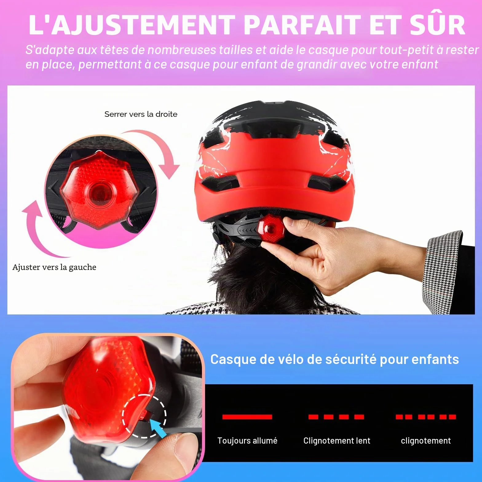 Casque de vélo Enfants 4-15 Ans léger avec feu arrière Cadran réglable visière Amovible 48-56 cm