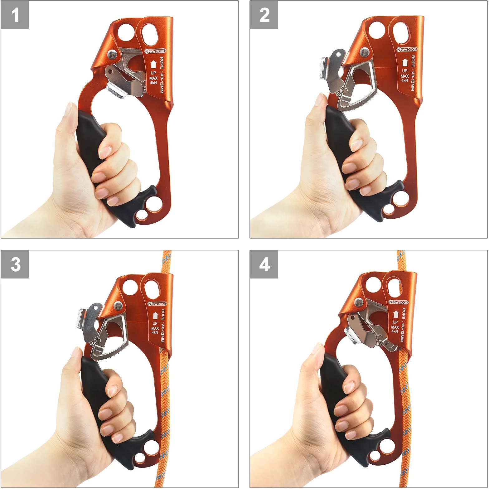 NewDoar UIAA & CE Certifié Main Ascendeur Bloqueur Poignée Ergonomique Escalade Arbre Arboriste Rappel Gear Équipement Corde Pince pour 8~13 MM Corde-Orange Gauche et Bleu Droit