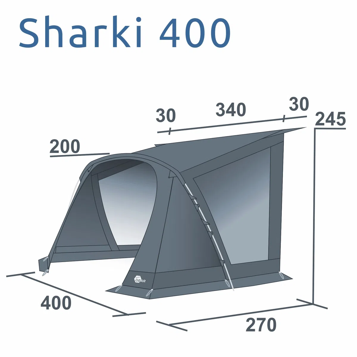 your GEAR Sharki 400 - Auvent pare-soleil pour caravane - Armature en aluminium - 2 fenêtres latérales bleu
