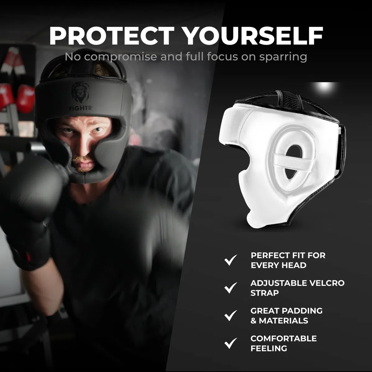 FIGHTR Protection de tête MMA avec meilleur ajustement pour une protection maximale | Casque de boxe pour sparring | Taille réglable pour boxe, MMA, Muay Thai, Kickboxing et arts martiaux