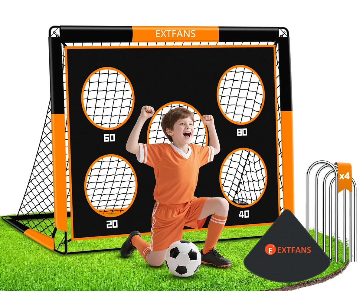 But de Foot 2 en 1 pour Jardin, Cage de Football avec Cible de Tir, Filet Pliable Outdoor, But pour Enfants avec 4 Piquets et Sac de Transport