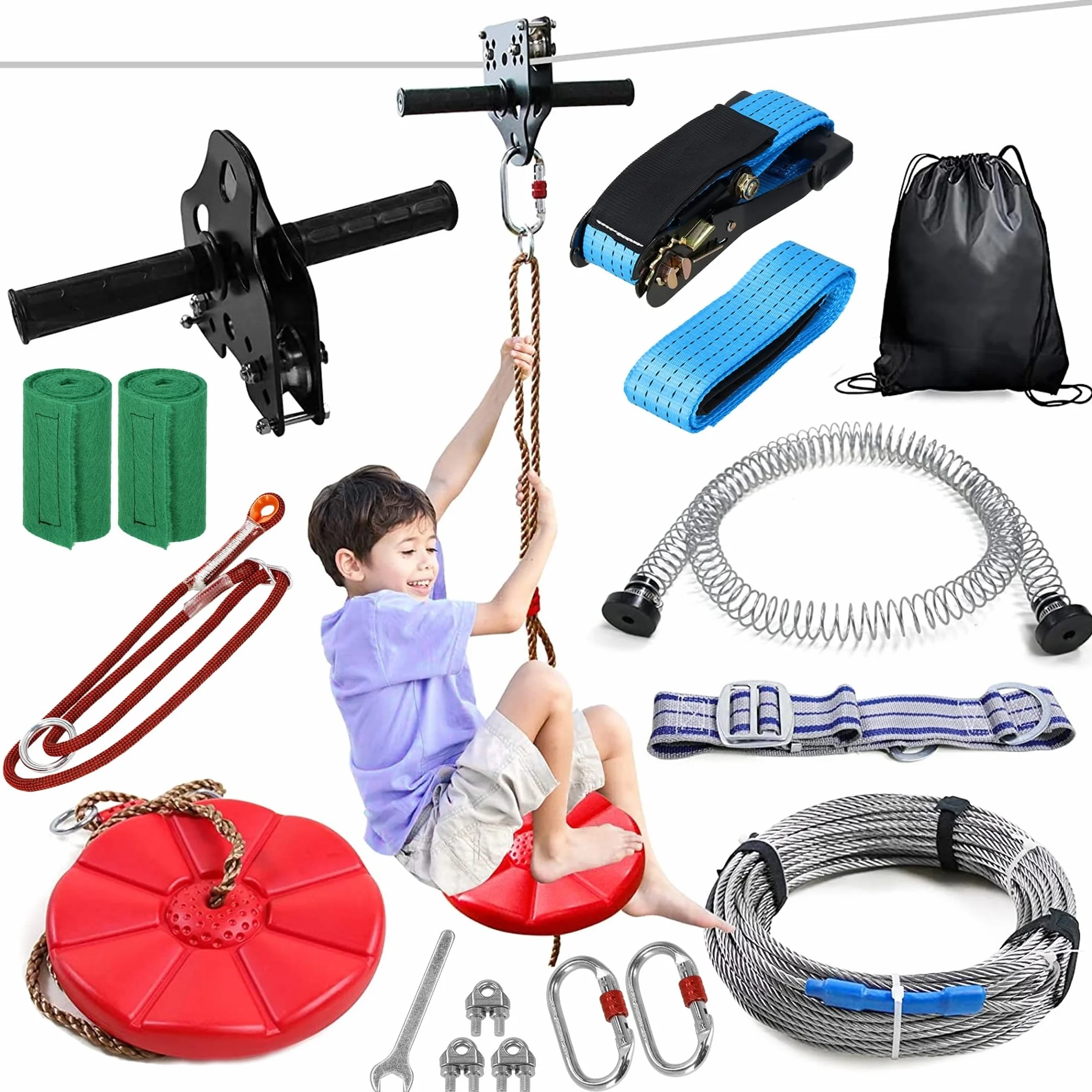 SPRINGOS Tyrolienne Enfant 30m Acier Inoxydable – Kit Zipline avec Siège, Chariot, Frein Ressort, Mousquetons – Charge 120 kg – Jeu Plein Air Jardin