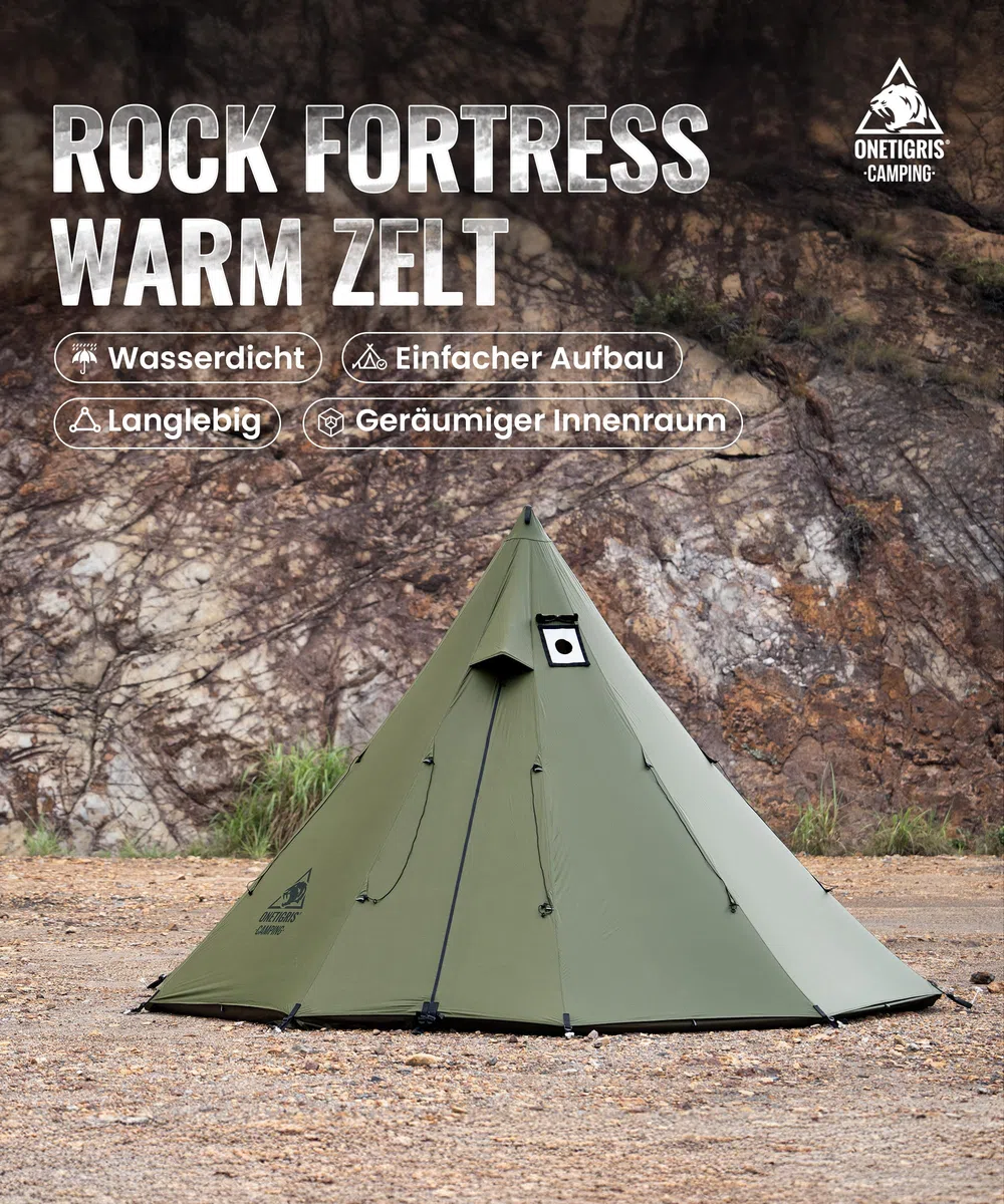 OneTigris Rock Fortress Tente tipi pour 4 à 6 personnes - Tente pyramidale avec mât de tente - 4 saisons - Colonne d'eau de 3000 mm - Pour l'extérieur, le camping, la randonnée, le trekking (vert