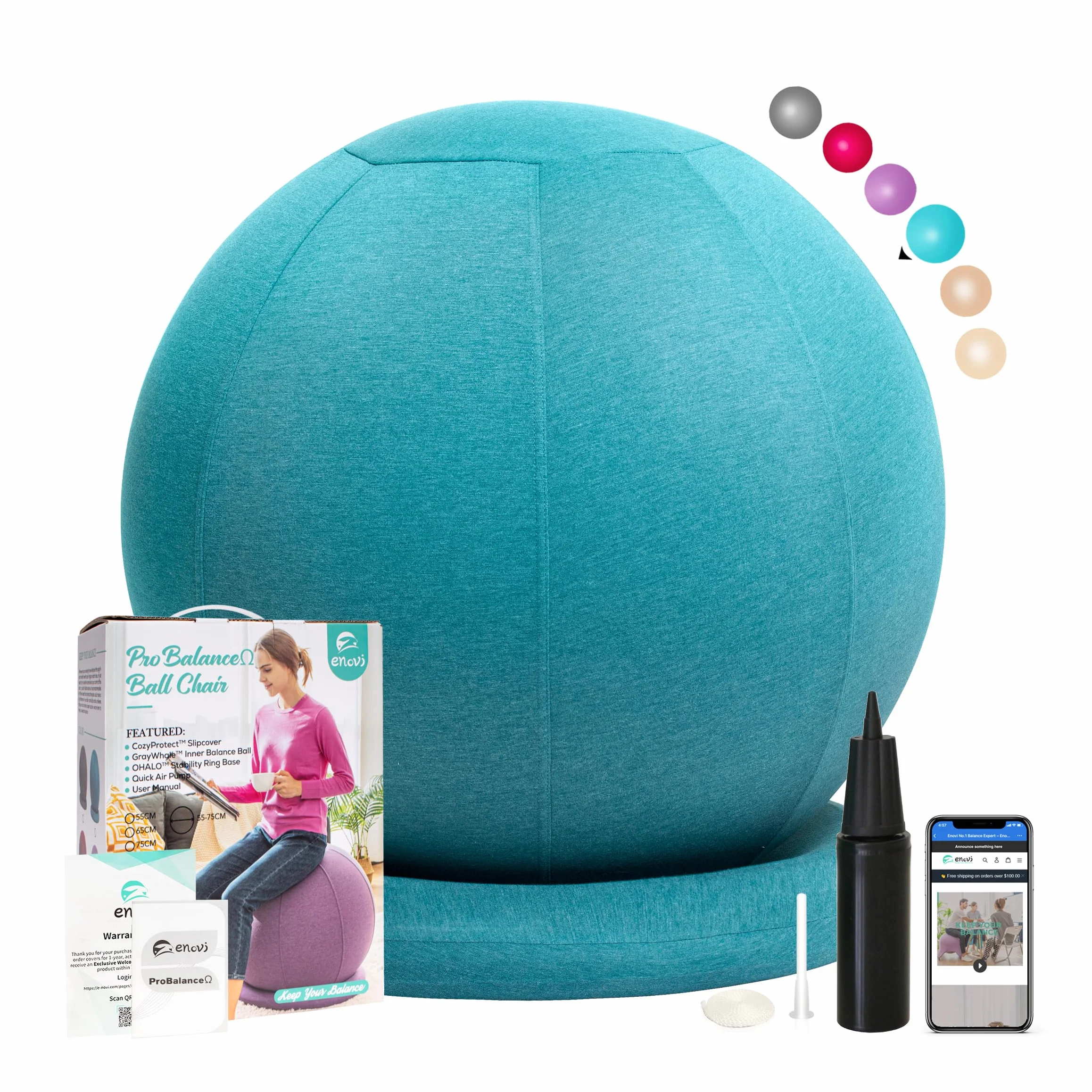 ProBalanceΩ Chaise ballon de yoga avec housse confortable et base de stabilité pour bureau et maison, siège de ballon pour soulager les douleurs dorsales, 75 cm, AB