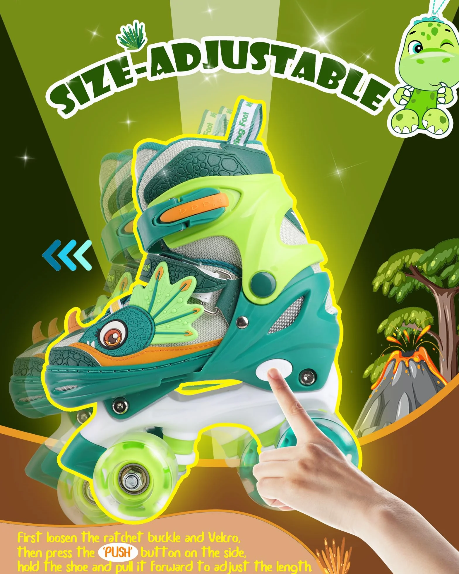 Dinosaure Patins à roulettes Enfant Roller Quad Roues Garçons Filles Taille Réglable Ajustable avec 4 Roues Lumineuses pour Débutants Cadeau Noël d'anniversaire