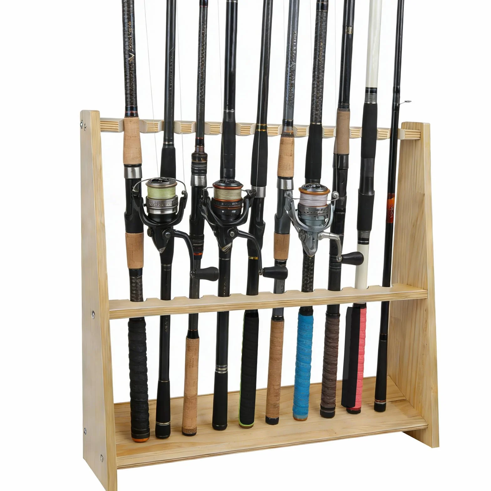 JAOGAUS Support pour cannes à pêche, Support pour 10 cannes à pêche en bois massif avec protection en feutre, Support vertical pour canne à pêche avec accessoires de montage 60 x 18 x 58 cm
