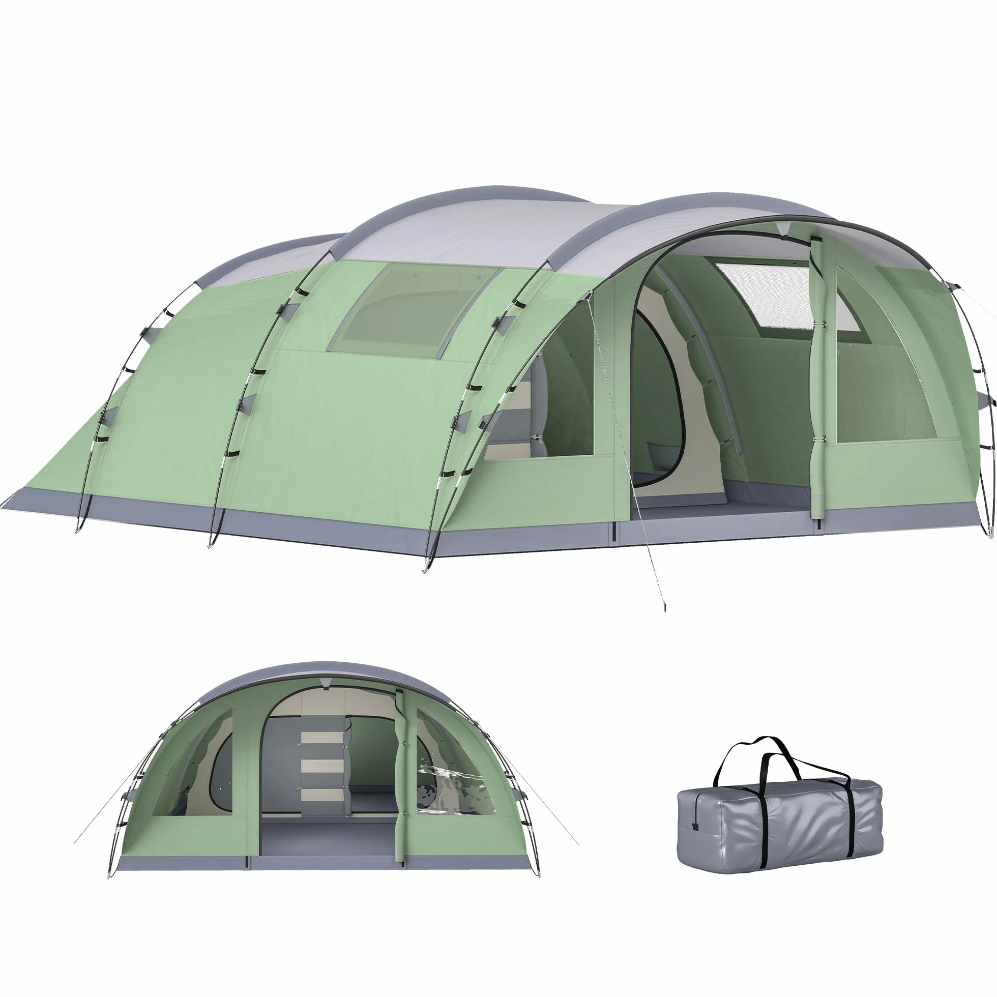 Outsunny Tente de Camping pour 5 Personnes, Tente Tunnel familiale légère ventilée étanche 3 000 mm Montage Facile, 4 fenêtres et Porche, Sac de Transport, pour randonnée Trekking pêche, Vert