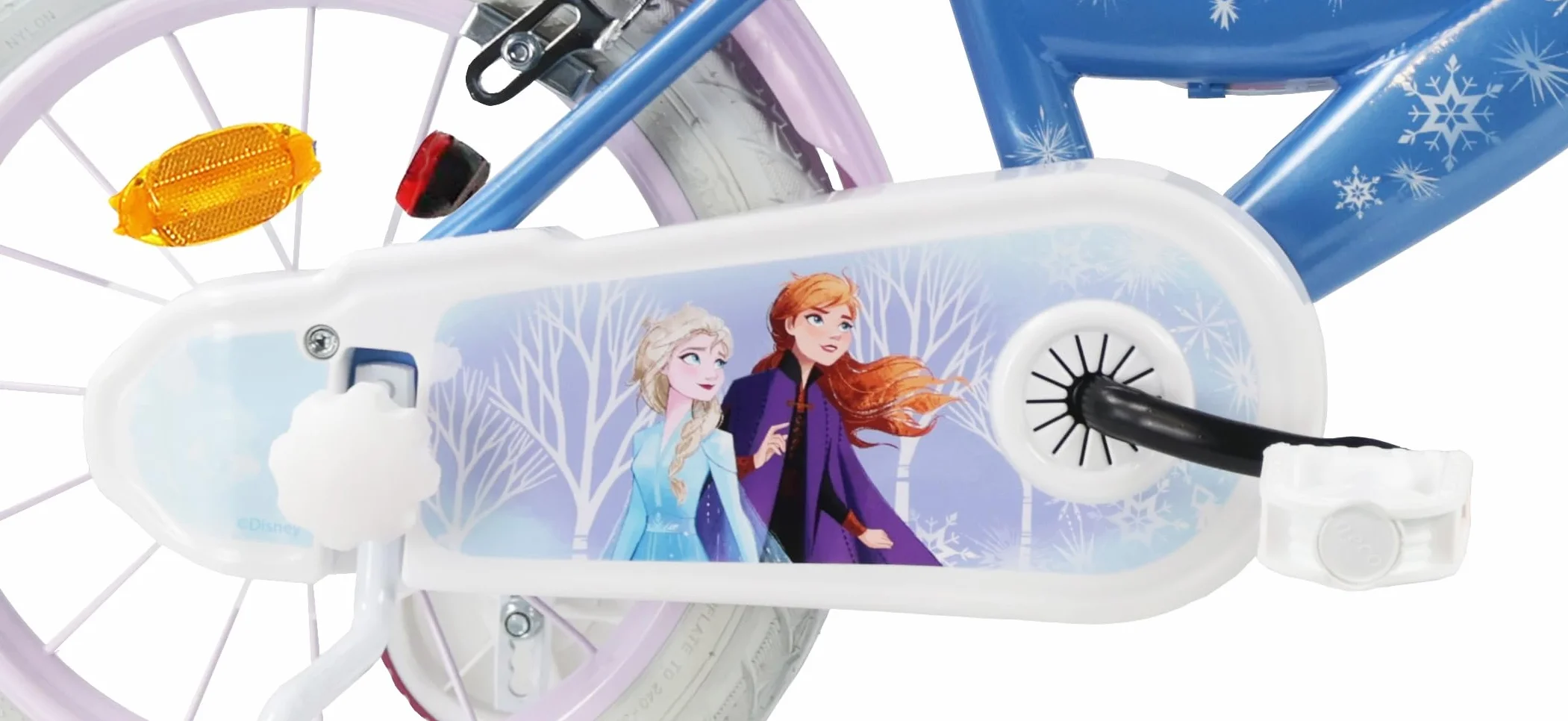 Vélo Reine des Neiges 14'' Fille équipé de 2 Freins Caliper - Roue Libre - Pneus Gonflables - Jantes aciers avec Rayons - Panier Avant - Porte-poupée arrière - Garde-Boue - 2 Stabilisateurs