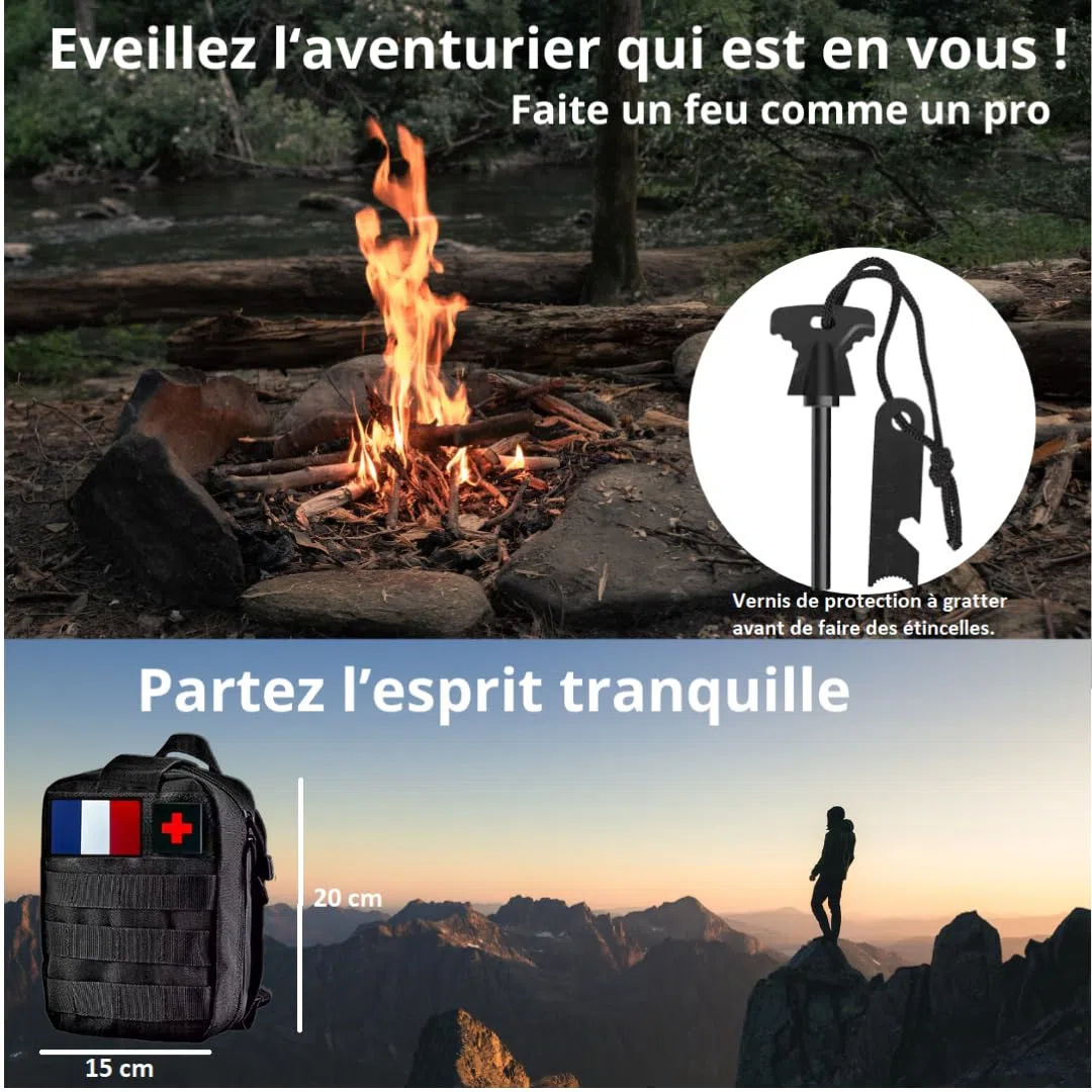 Kit de Survie Sac Complet - Trousse de Secours - Mini Pelle Pioche Pliante - Boussole - Paracorde - Couteau Pliant Multifonction - Allume Feu - Lampe Torche
