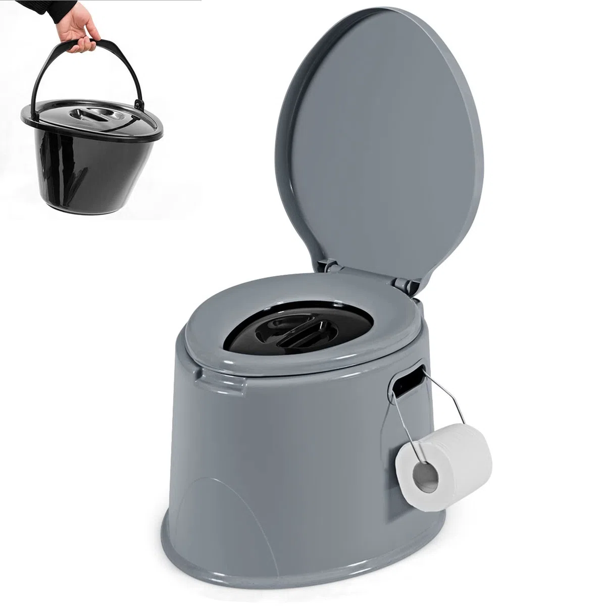 COSTWAY Toilette Sèche Portable Extérieure 5L avec Seau Intérieur et Porte-Papier Amovible pour Camping, Randonnée, Charge Max 200 kg
