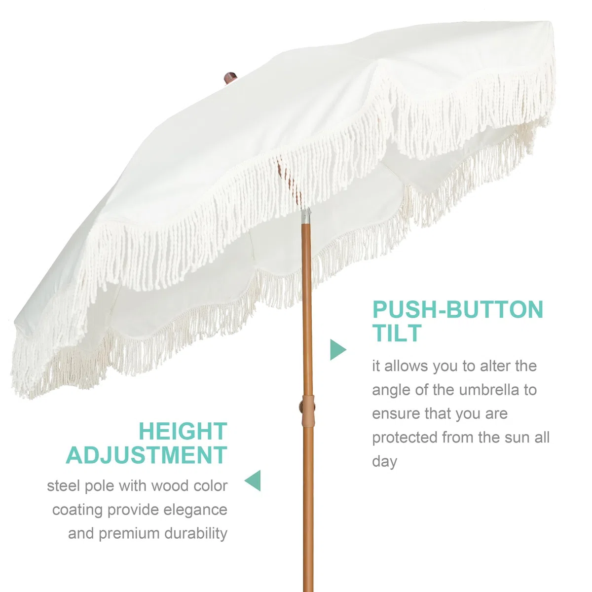 Parasol à Frange, Parasol Plage Parasol de Pique-Nique Boho à Franges, 2 m, UPF 50+, avec Pompons, mât en Acier et Bouton-Poussoir inclinable