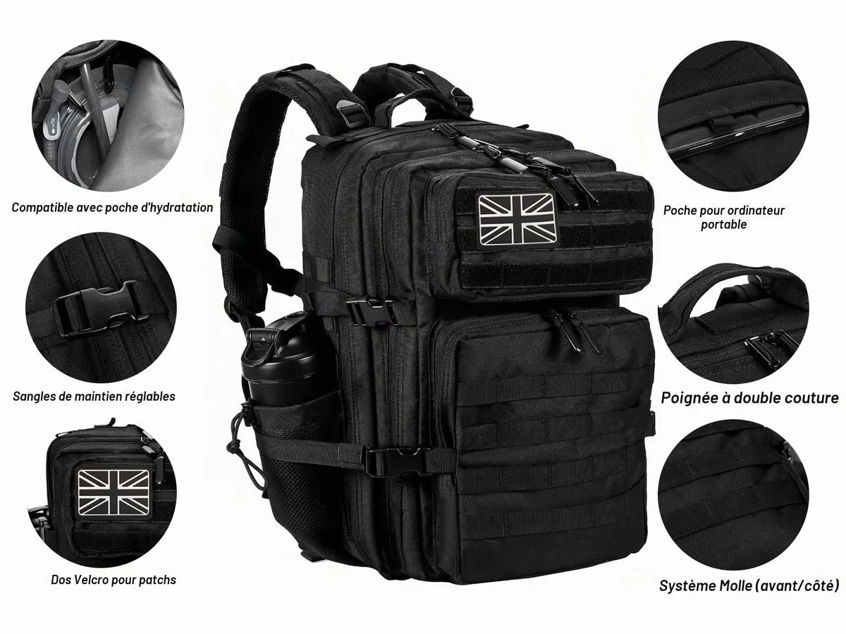 LHI Sac à dos tactique militaire pour homme et femme 45 l Grand sac à dos imperméable pour l'école, la randonnée, le trekking, la chasse