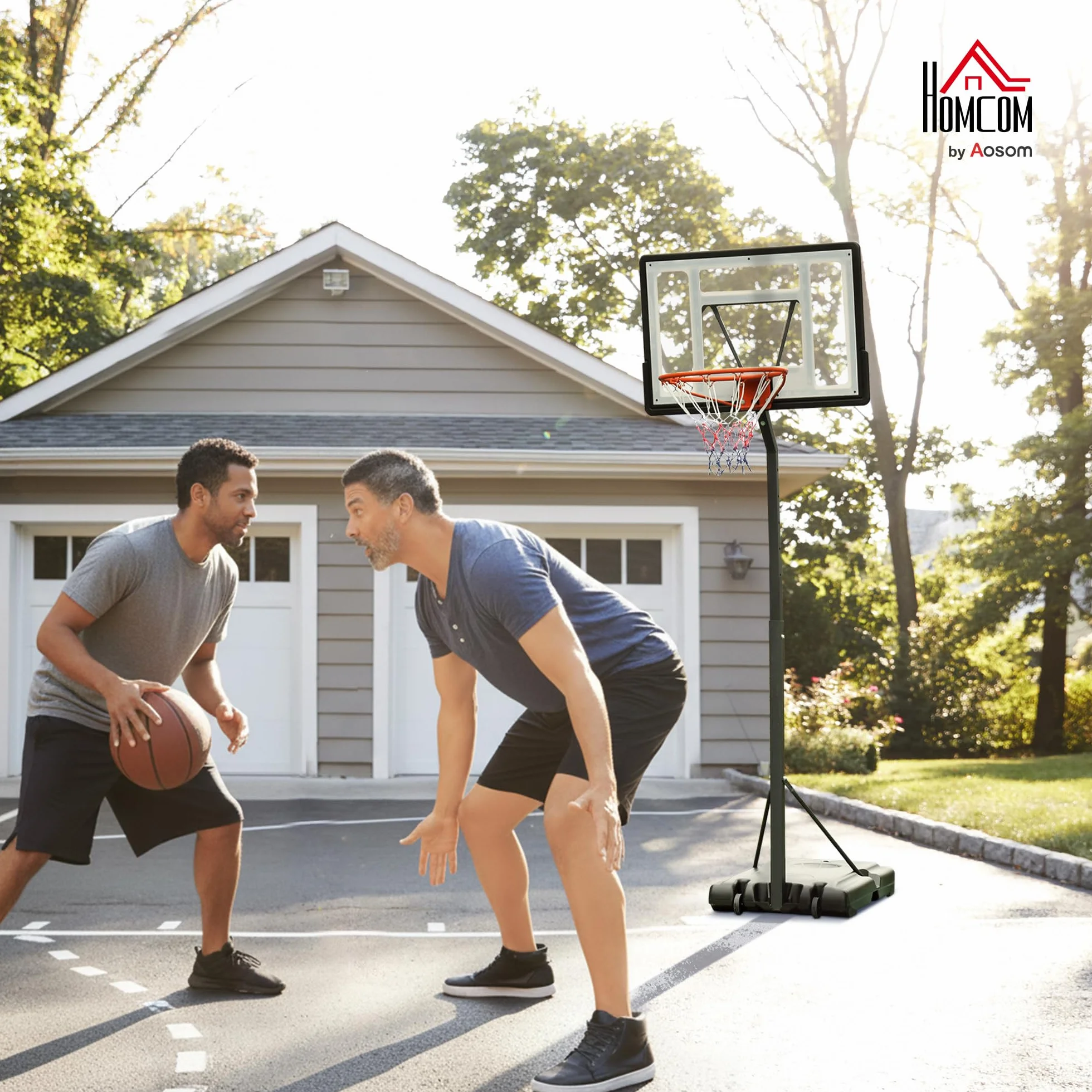 HOMCOM Panier de Basket extérieur avec Poteau Panneau, Base de lestage sur roulettes Hauteur réglable 2,55-3,05 m (Panier) Usage intérieur extérieur Noir Blanc