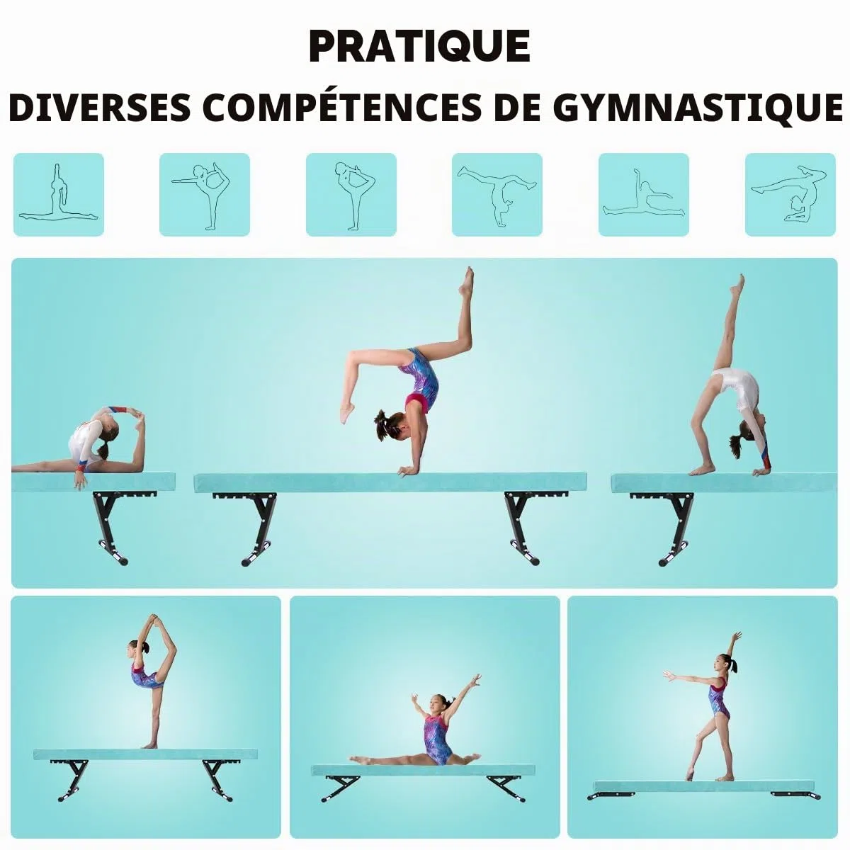 Poutre Gymnastique Enfant 244cm, 5 Hauteurs Réglables, Débutants & Pros