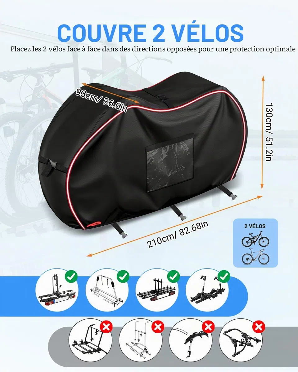 SUPAREE Housse de Protection 2 Velo Bache Velo Transport Housse pour Vélo Camping Car 420D Oxford Avec Poche pour Panneau d'avertissement Imperméable pour Voiture Voyages