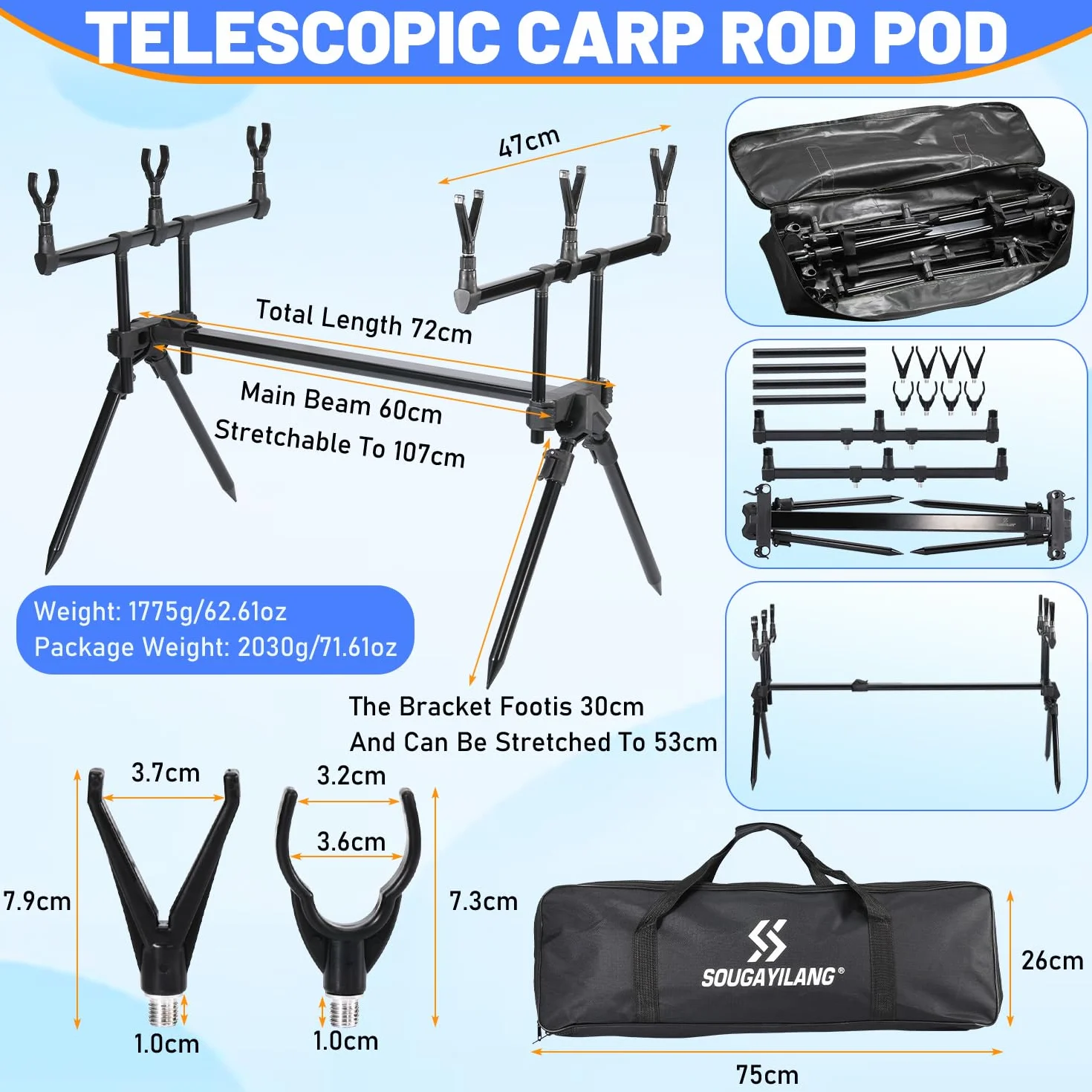 Sougayilang Ensemble de pêche à la carpe, 3 cannes de 3,3 m + moulinets série 4000, détecteurs de morsure, support de canne réglable, kit complet pour lacs et rivières à la carpe