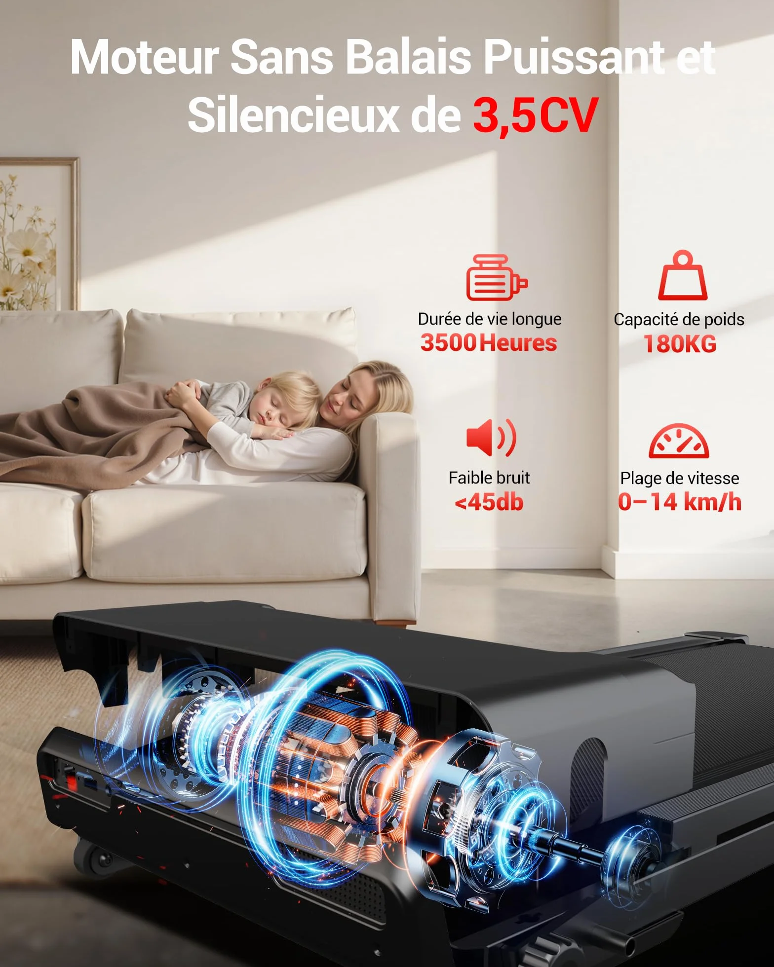 UMAY Tapis de Course Pliable Inclinable 16%, 14KM/H, 3,5CV, Charge Max 180KG