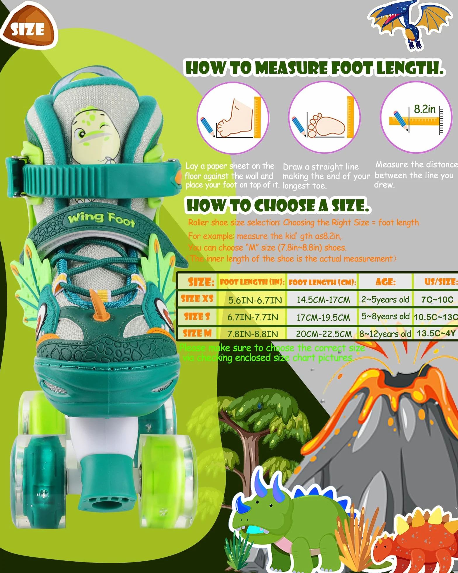 Dinosaure Patins à roulettes Enfant Roller Quad Roues Garçons Filles Taille Réglable Ajustable avec 4 Roues Lumineuses pour Débutants Cadeau Noël d'anniversaire