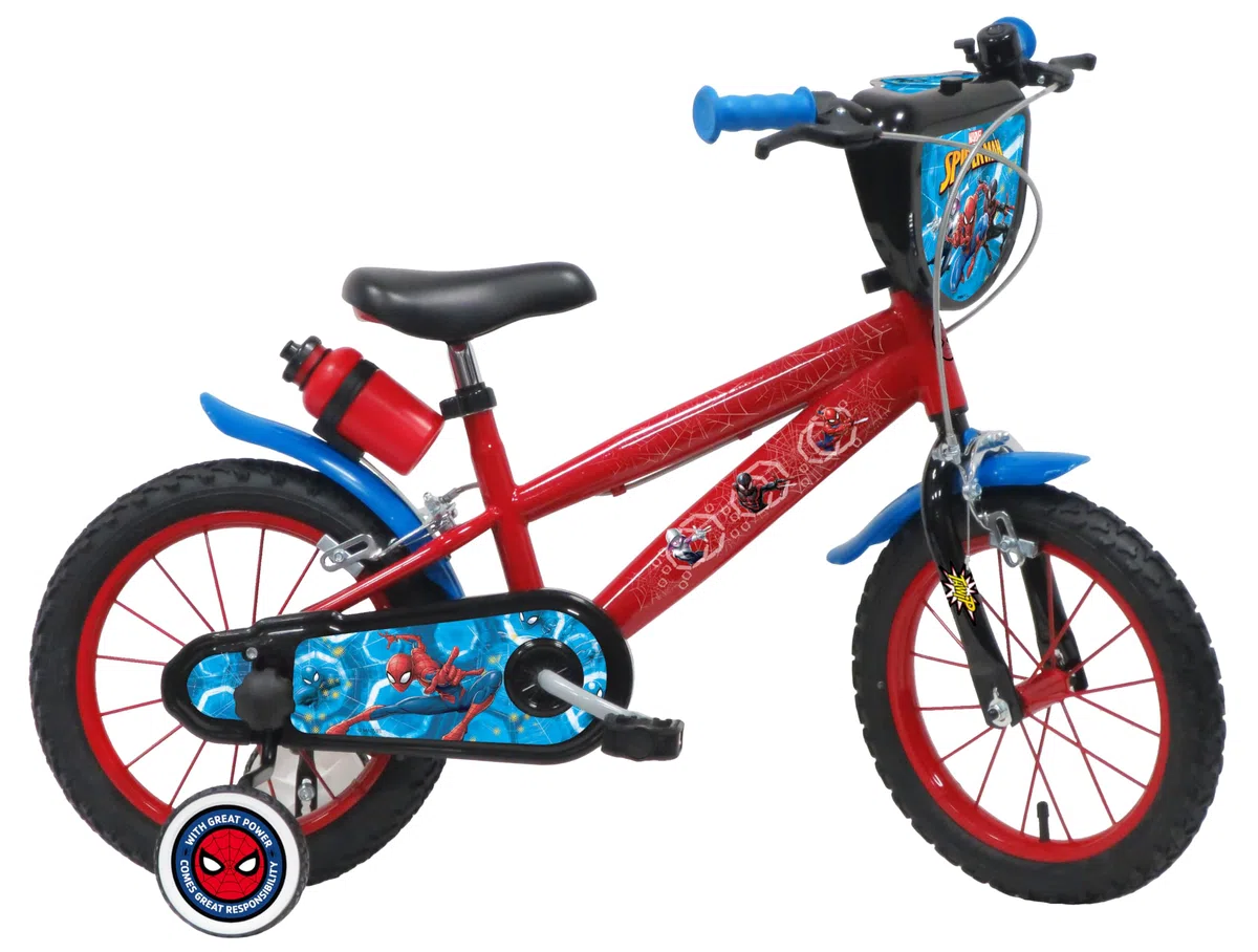 Vélo Enfant Garçon 14'' Spiderman équipé de 2 Freins, pneus gonflables, Plaque Avant décorative et bidon arrière