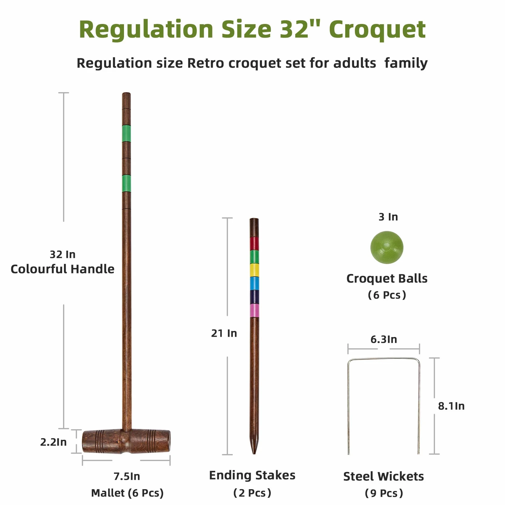 Ensemble de croquet 81.3 cm pour 6 joueurs, Style classique vintage, Piquets pour adultes et famille