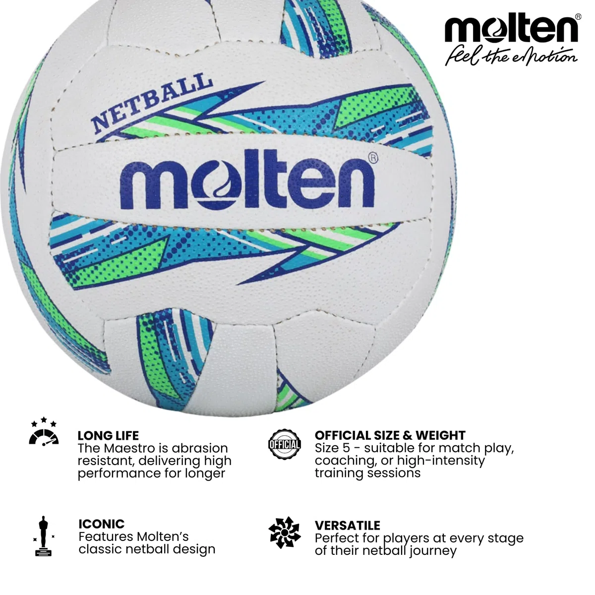 Molten Ballon de Netball pour Femme Maestro International Level, Vert/Bleu, Taille 5