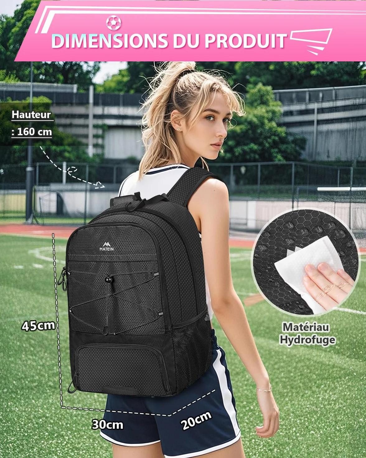 MATEIN Sac à Dos Football avec Compartiment à Chaussures Étanche pour Ordinateur Portable 15,6 Pouces, Noir