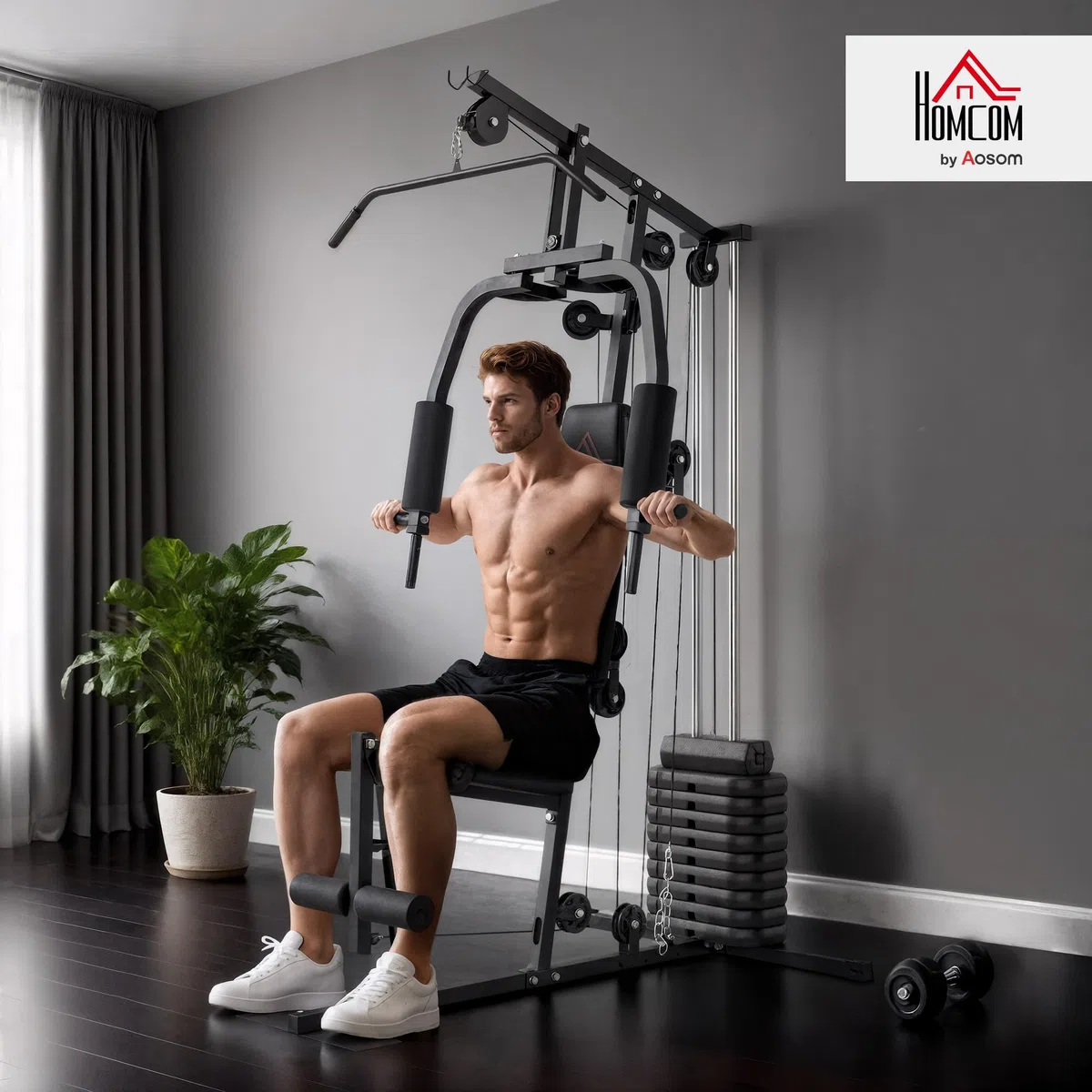 HOMCOM Station de Musculation Fitness Machine de Musculation avec 9 Blocs de Poids de 5 kg, 45kg au Total, entraînement Complet - 200 x 135 x 103 cm
