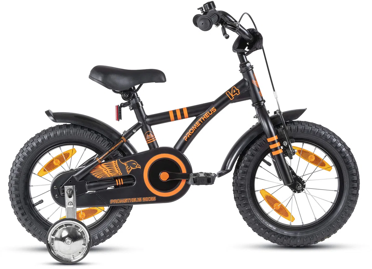 PROMETHEUS BICYCLES Velo Enfant 4 Ans Garcon vélo Fille 14 Pouces a Roulette pour 3 a 5 Ans - BMX en Noir Mat Orange