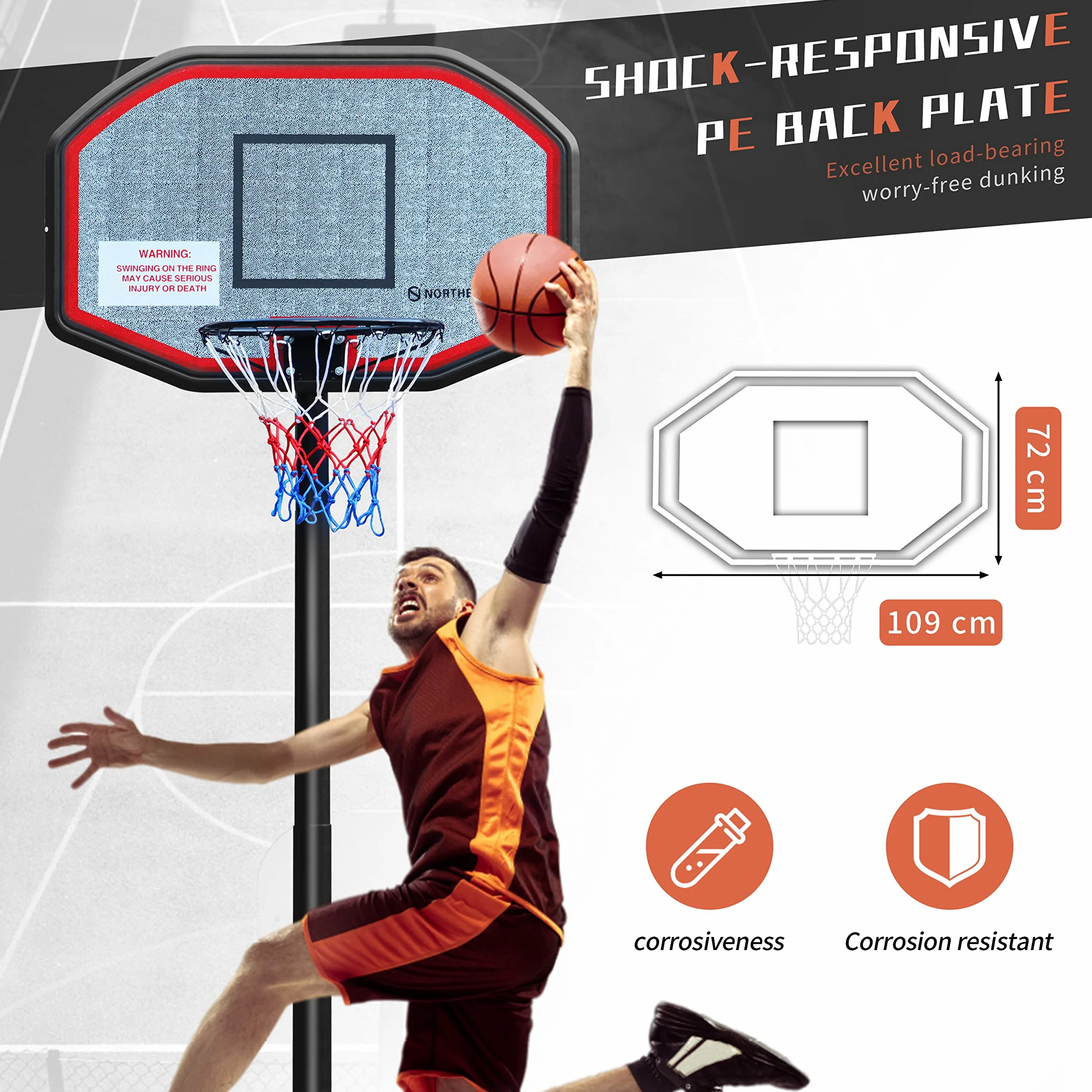 NORTHERN STONE Pro Court Cerceau de Basket-Ball Portable réglable en Hauteur avec Panneau d'impact, Hauteur Officielle