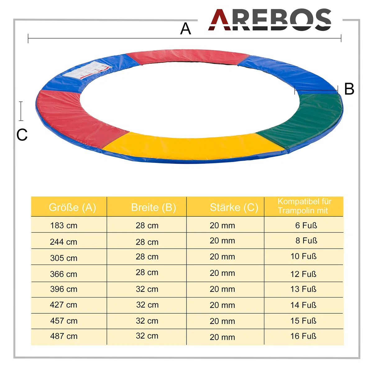 Arebos Coussin de Protection pour Trampoline de Remplacement | Trampoline Couverture Rembourrage | résistant aux intempéries et UV | Anti-déchirure | 366 cm | 6 Couleurs