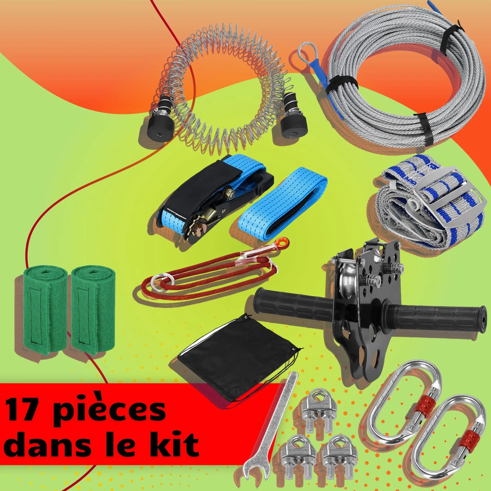SPRINGOS Tyrolienne Enfant 30m Acier Inoxydable – Kit Zipline avec Siège, Chariot, Frein Ressort, Mousquetons – Charge 120 kg – Jeu Plein Air Jardin