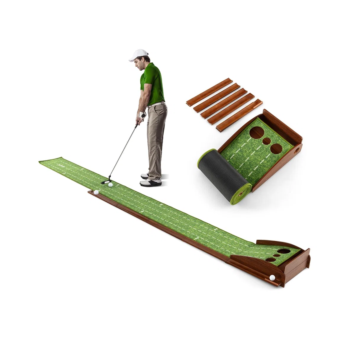 GOPLUS Tapis de Putting de Golf 1/2/3 Trous, Tapis d'Entraînement au Putting avec Retour Automatique de Balle, Guides d'Alignement, 3 Balles de Golf, pour Maison/Bureau