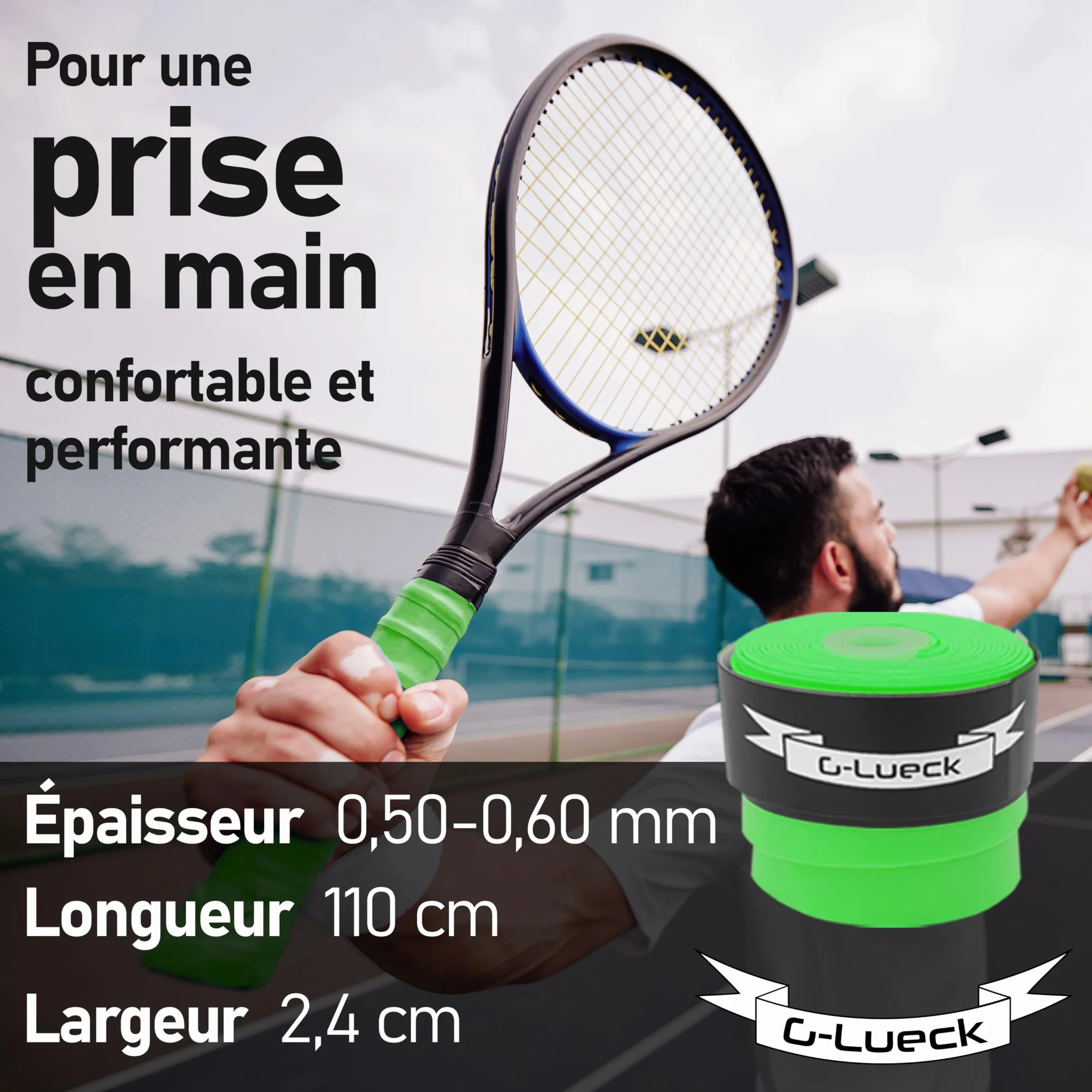 G-Lueck Lot de 50 overgrips de Tennis (très adhérents) | Talent Grip | 0,50-0,60 mm d'épaisseur | Surgrips pour Raquette de Squash, Badminton et Baby-Foot avec Bande de Finition adhésive |