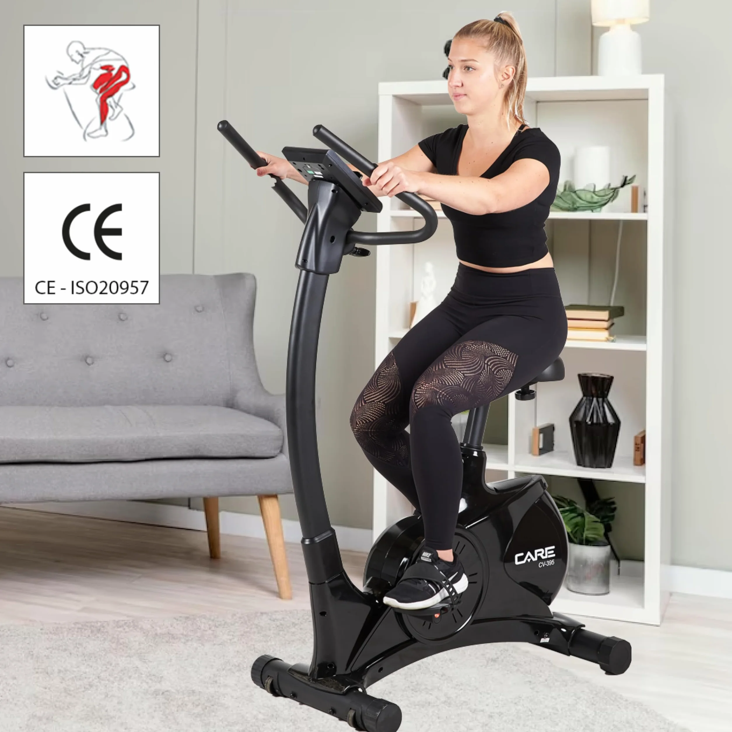Care Fitness - Vélo d'Appartement Motorisé CV-395 - Vélo Droit 24 Programmes d'Entraînement - Masse d'Inertie 12kg - Résistances Magnétique Motorisée - Connectivité Application Mobile/Kinomap