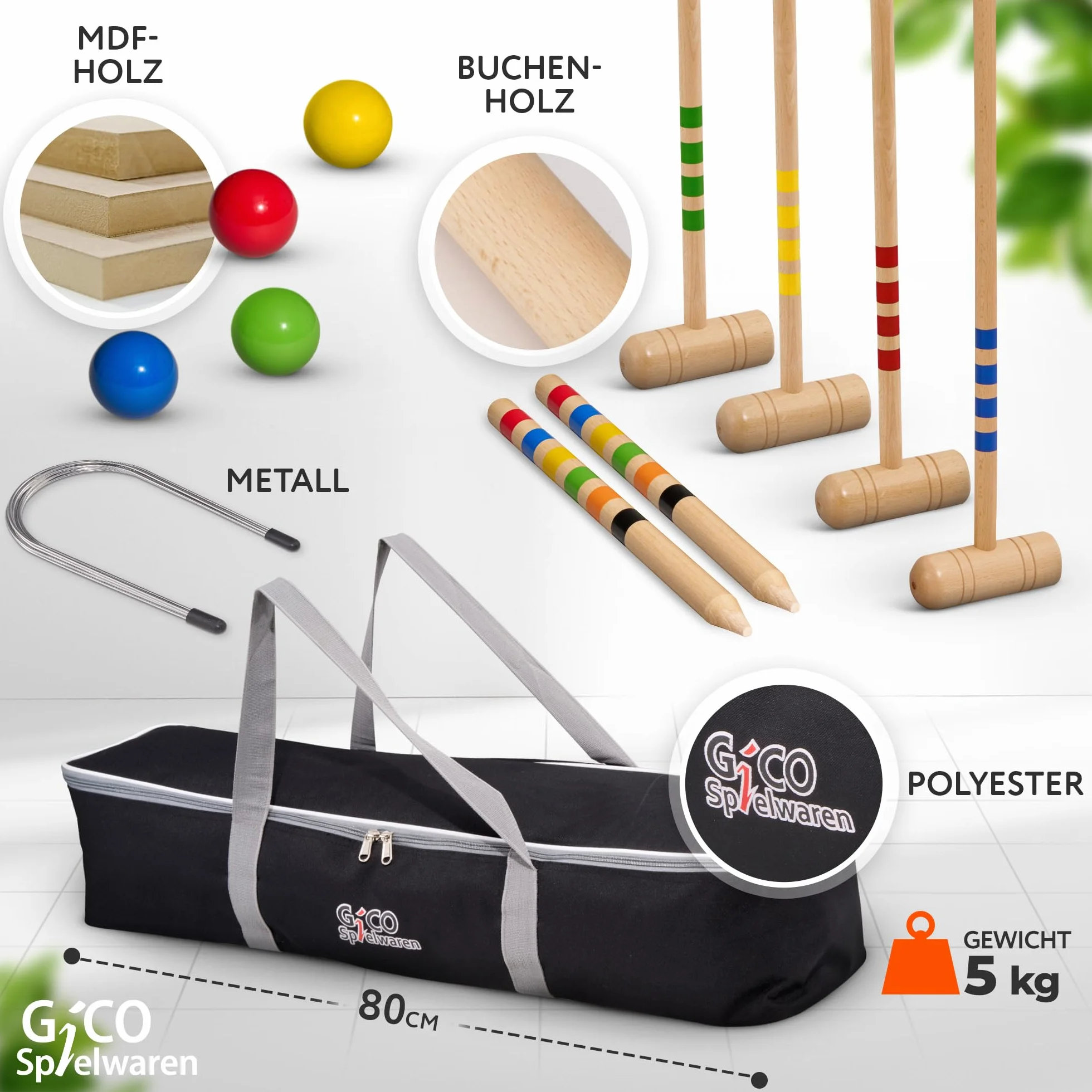 GICO Jeu de Croquet 4 Joueurs maillets 80 cm Plein air