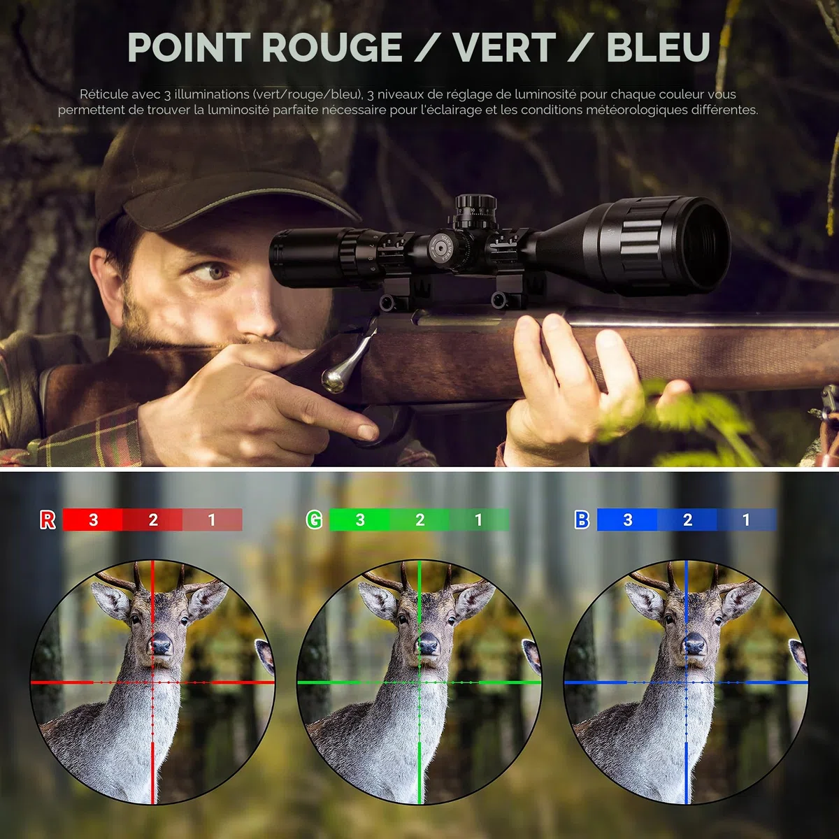 ESSLNB Lunette De Visee 3-9X50mm avec Parasol Tube et Télémètre Rouge Vert Bleu 3 Luminosité Réglages Viseur Point Rouge pour 20mm/22mm Weaver/Picatinny Rail Mount pour Chasse