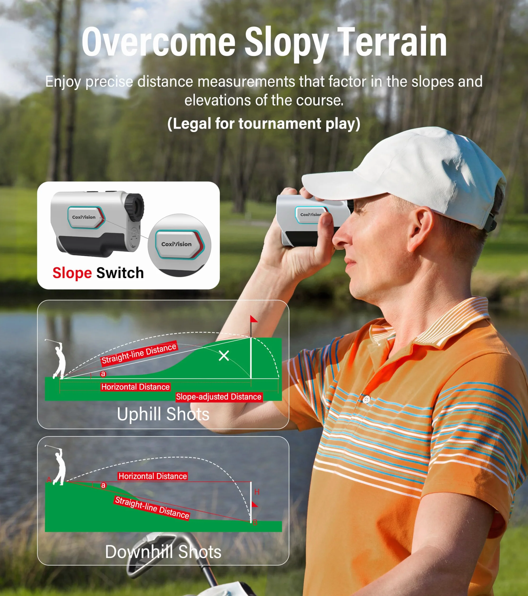CoxiVisionTélémètre avec Pente, Golf et Chasse, télémètre Haute précision de 1 300 mètres, grossissement 6X, Vibration de Verrouillage du Drapeau, Mode Arc/Fusil, Mesure de la Pente
