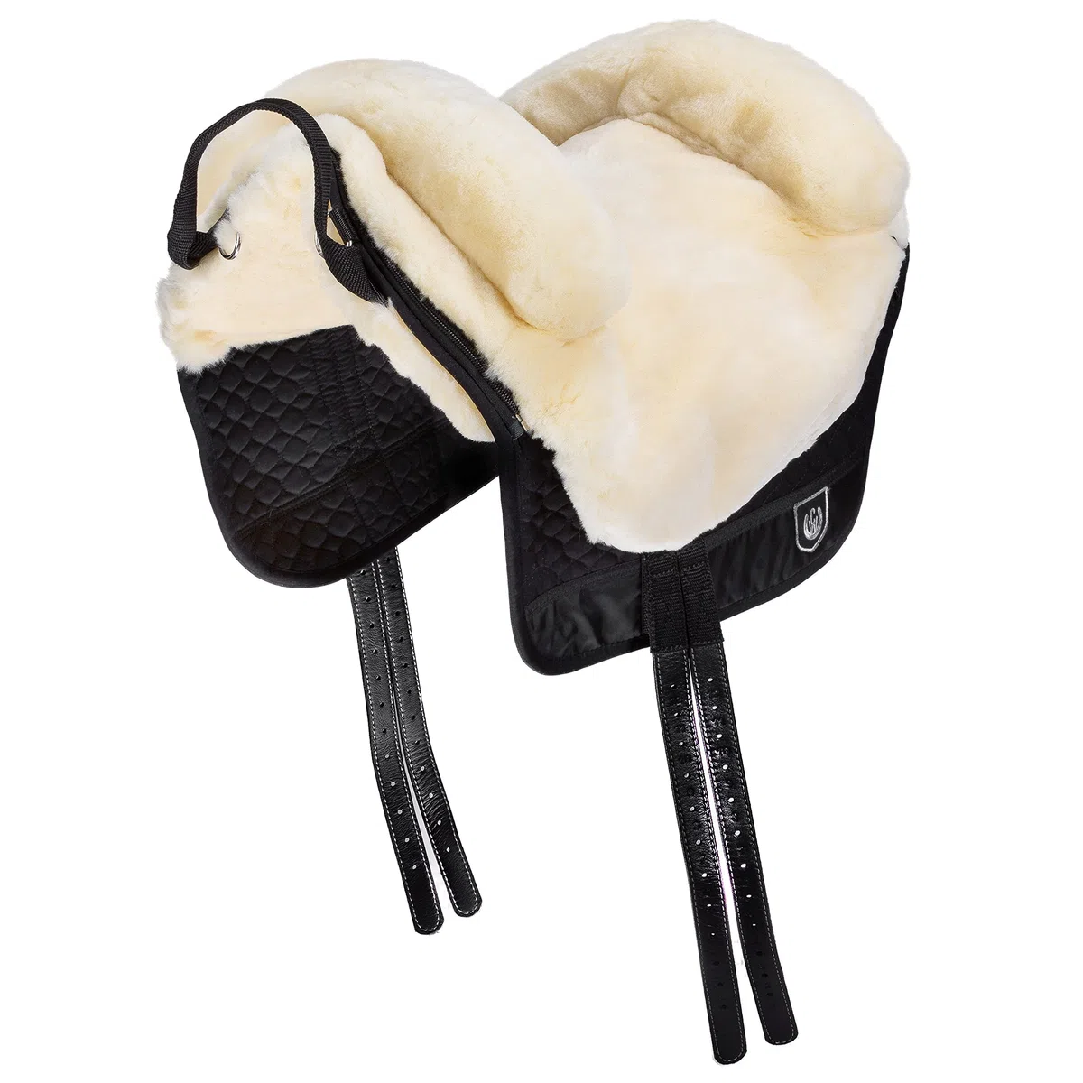 Selle de cheval «Fellsattel IBERICA Plus» de WERNER CHRIST –selle espagnole de peau d’agneau de haute qualité (treeless), pour chevaux pur-sang, poneys et shetlands. Couleurs: anthracite, marron et beige.