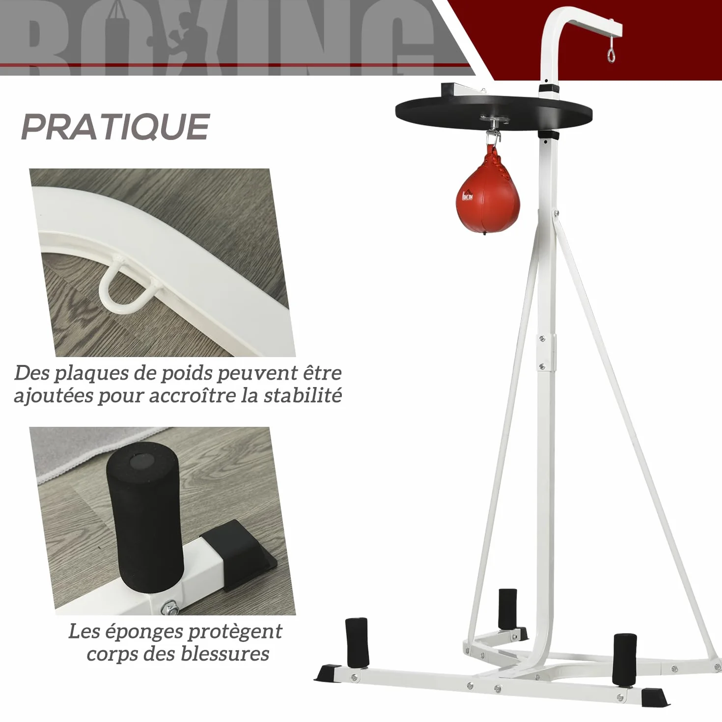 HOMCOM Support pour Sac de Frappe sur Pieds autoportant 2 en 1 avec Poire de Vitesse Hauteur de Plaque Ronde réglable, équipement d'entraînement en Acier Robuste pour Maison Blanc