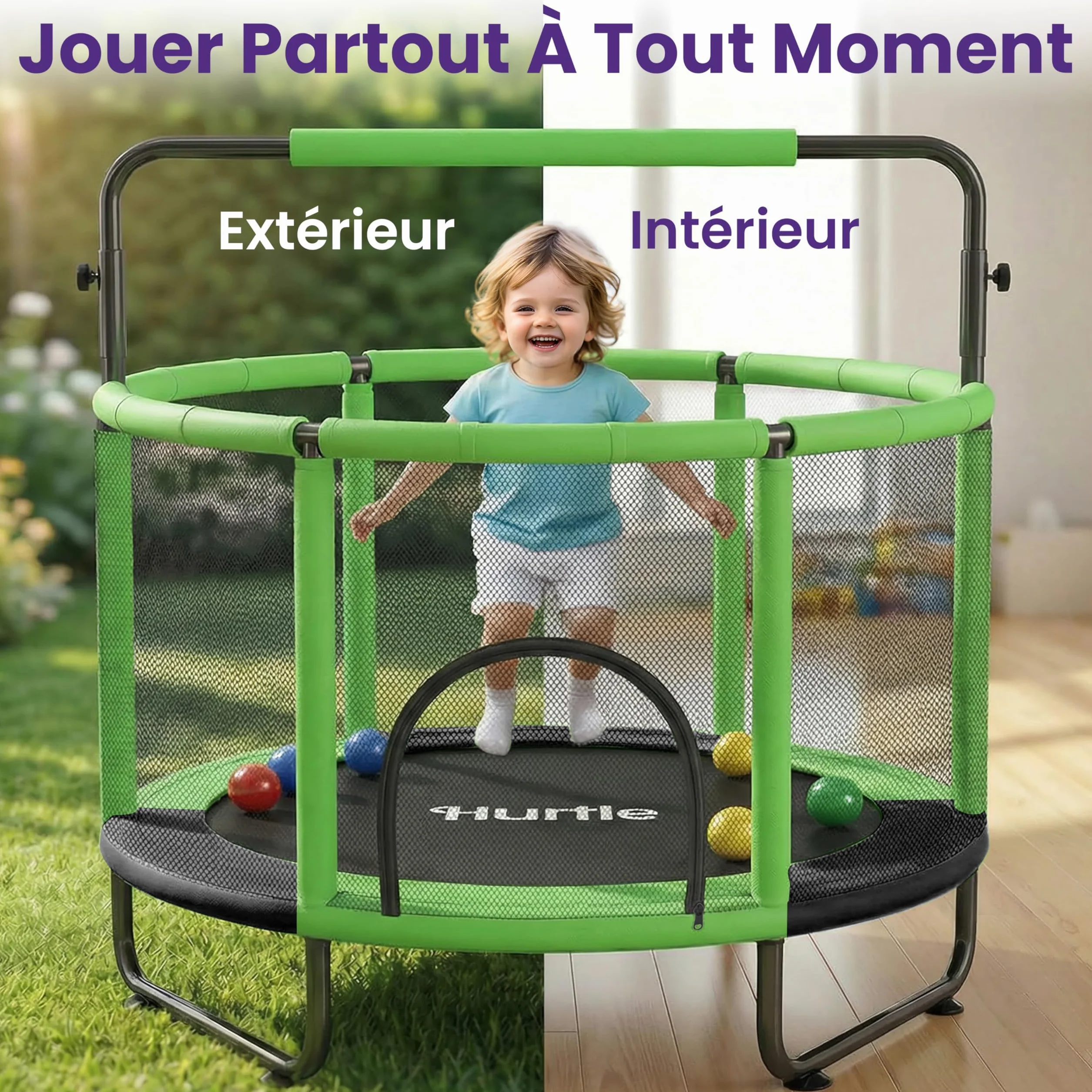 Hurtle Trampoline Enfant 140 cm avec Filet de Sécurité – Trampoline Jardin et Intérieur avec Balançoire, Sac de Frappe, Anneaux, 20 Balles, Structure Stable, Jeux Actifs dès 3 Ans
