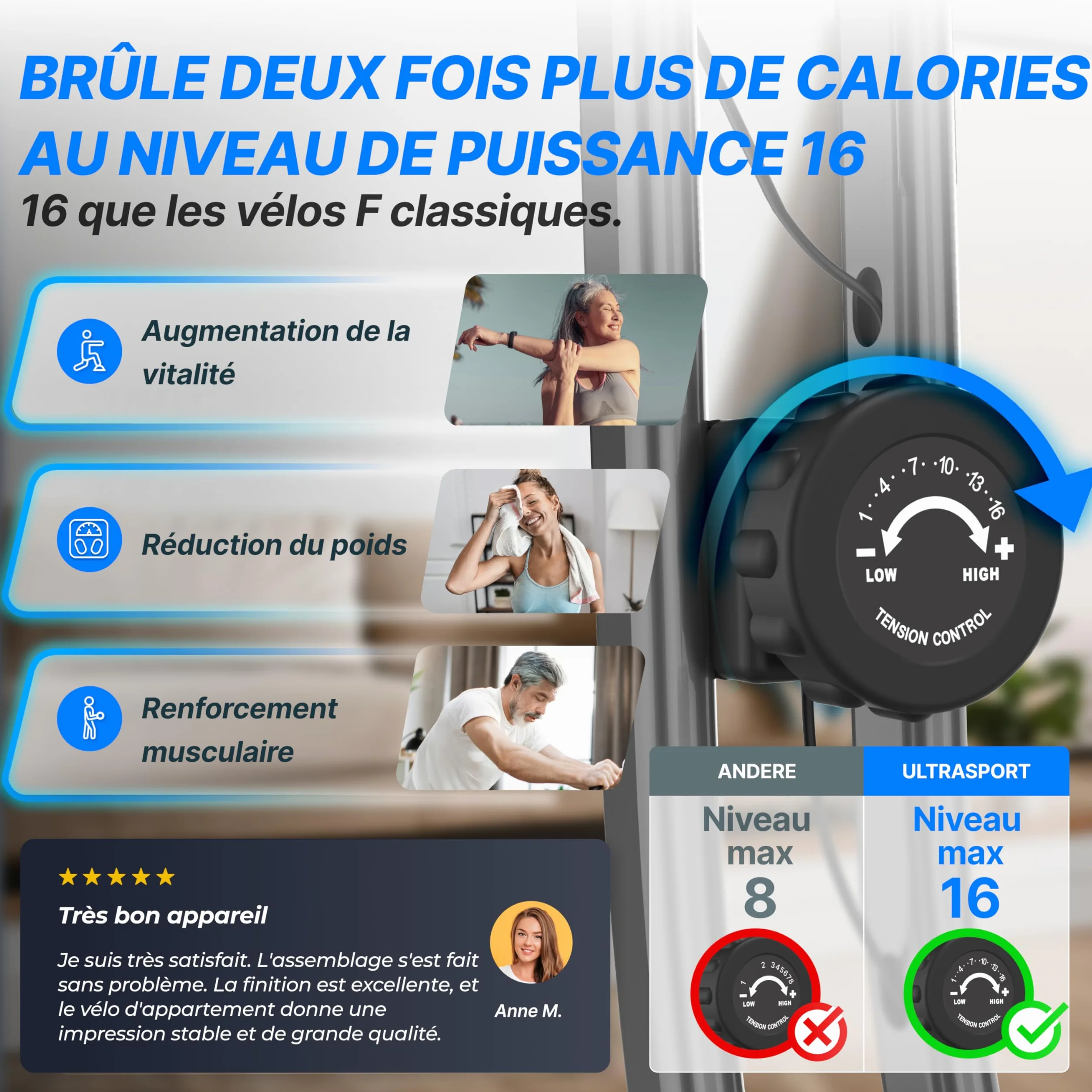 Ultrasport F-Bike Vélo d’Appartement Pliable I Vélos d'Appartement Extra Silencieux jusqu'à 130 kg avec Selle Confort, Velo d Appartement Pliable