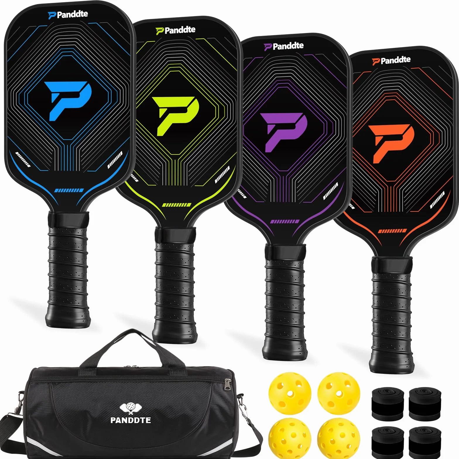 Raquettes Pickleball Set 4 Pièces, Kit Pickleball Complet avec Sac et Balles, Paddles Fibre de Carbone Légères, pour Débutant et Intermédiaire, Intérieur Extérieur