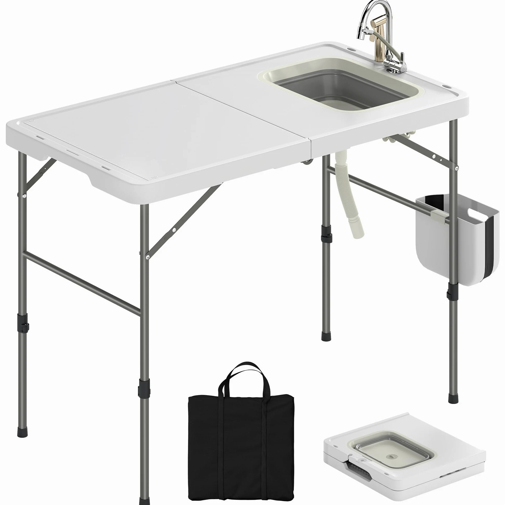 Outsunny Table de Nettoyage Portable pour Poissons, Table Pliante de Camping à Hauteur réglable, Robinet, évier et Panier Pliables, Tuyau, Sac de Transport, règle, rainures, Station de Nettoyage pour