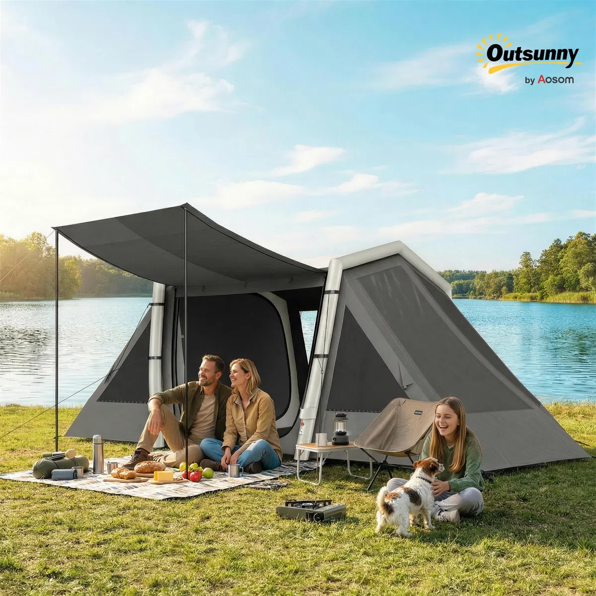 Outsunny Tente Gonflable de Camping 4 Personnes Blackout - Tente à Air 5,8m de Long avec 2 Chambres et Séjour - Imperméable 3000mm avec Pompe, Auvent et Piquets Fluorescents, Gris Foncé