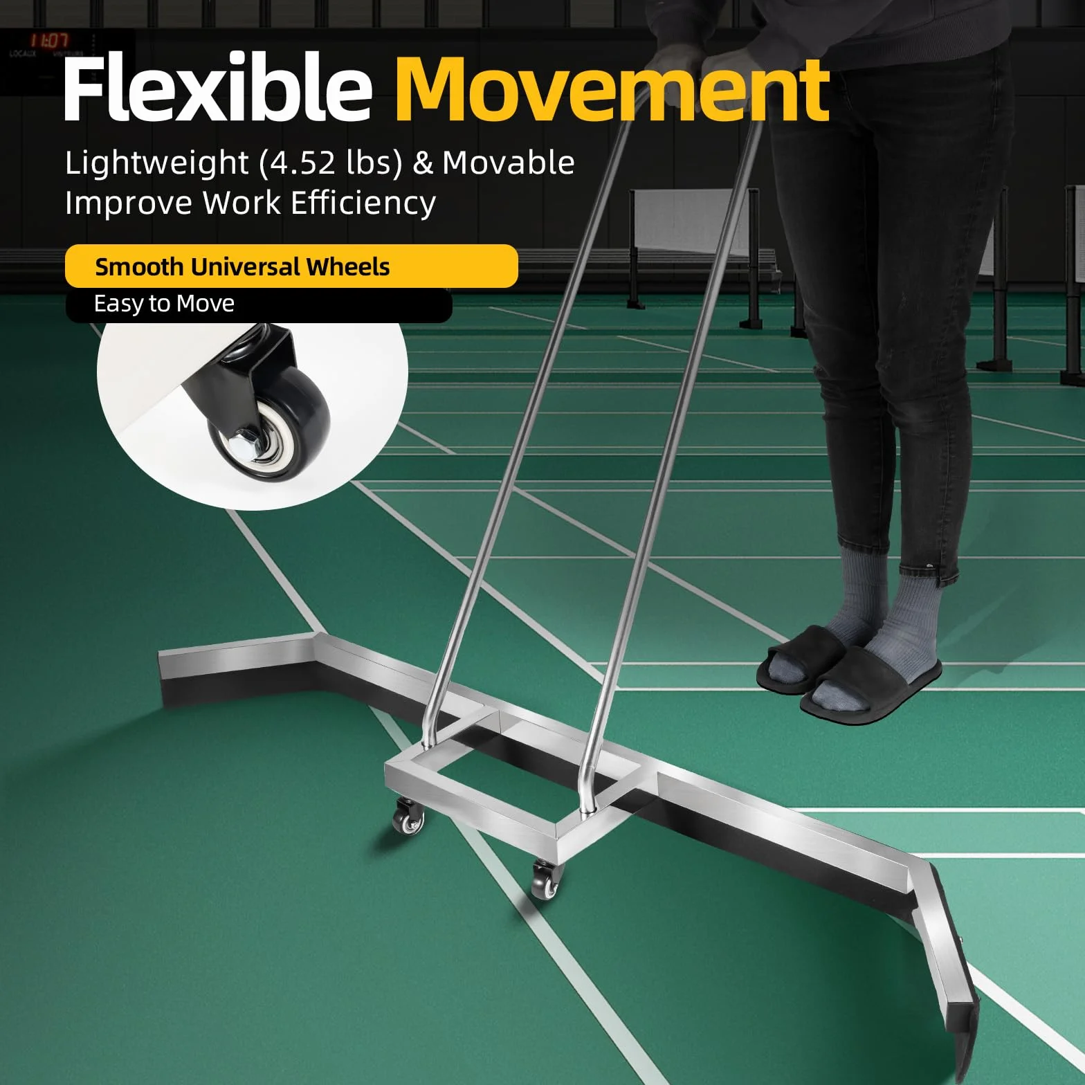 Court, raclette pour terrain de sport avec cadre en acier inoxydable, tête de balai en caoutchouc EVA de 101 cm de large avec roulettes pivotantes, curseur d'eau pour tennis et courts de basketball