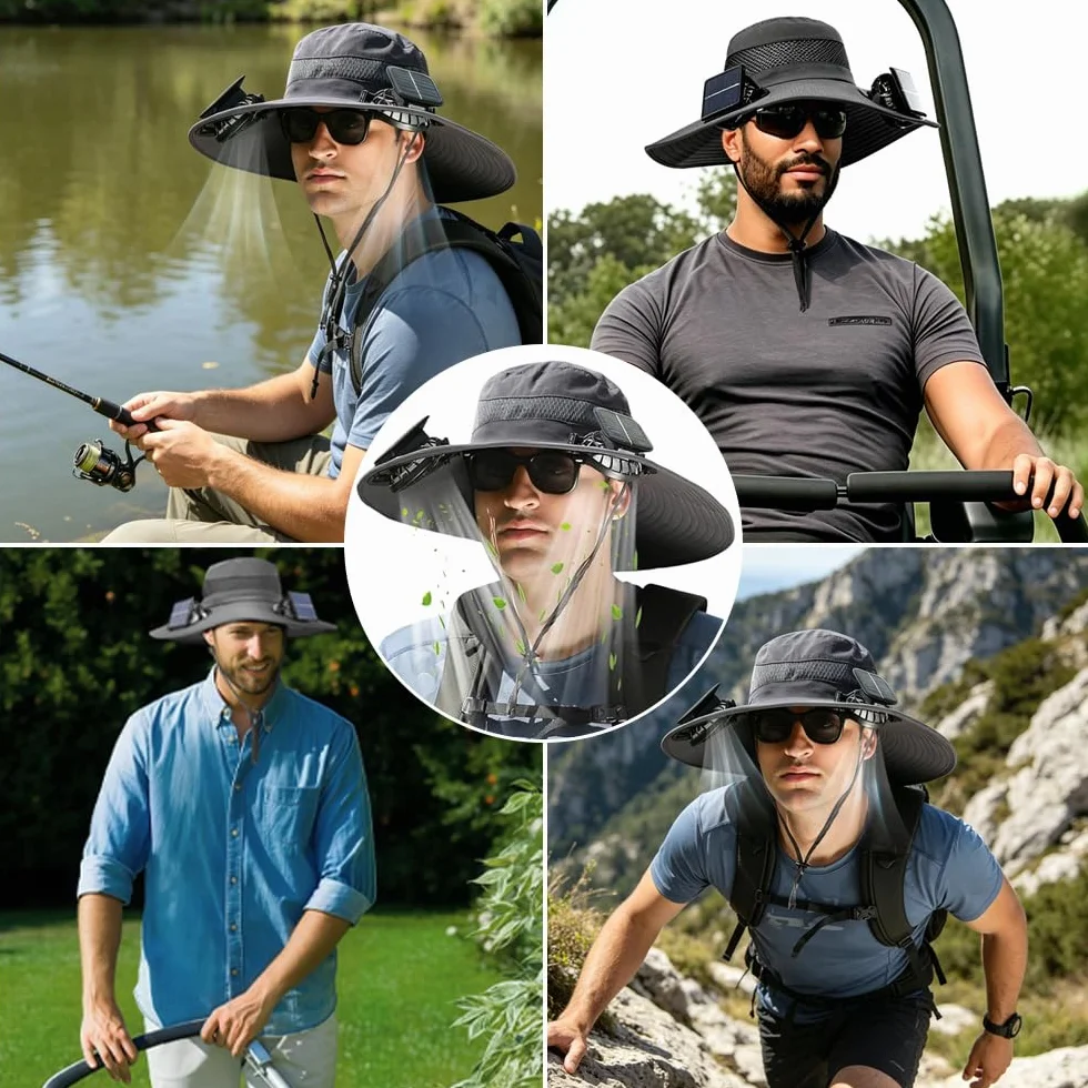 Chapeau de Soleil, Chapeau de Pêche avec 2 Ventilateur Solaire, Chapeau de Fan Solaire à Bord Large, Générique Chapeau de Fan Solaire pour Activités de Plein Air comme la Randonnée Jardinage
