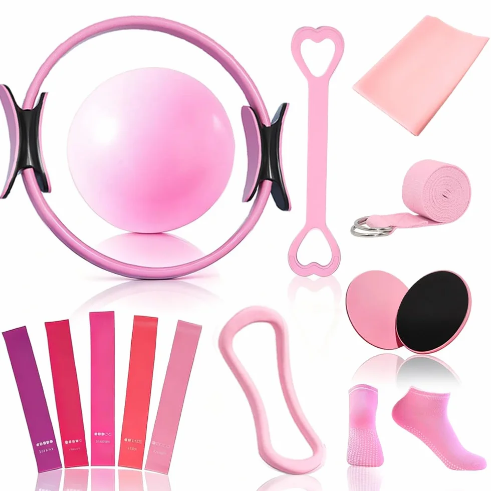 Kit Pilates Maison 15 Pcs Pilates Kit Pilates Accessoires Cercle Pilates, Yoga Ball, Resistance Bands, Pilate Ring, Yoga Band, Ceinture Auxiliaire pour La Force, La Flexibilité, La Stabilité