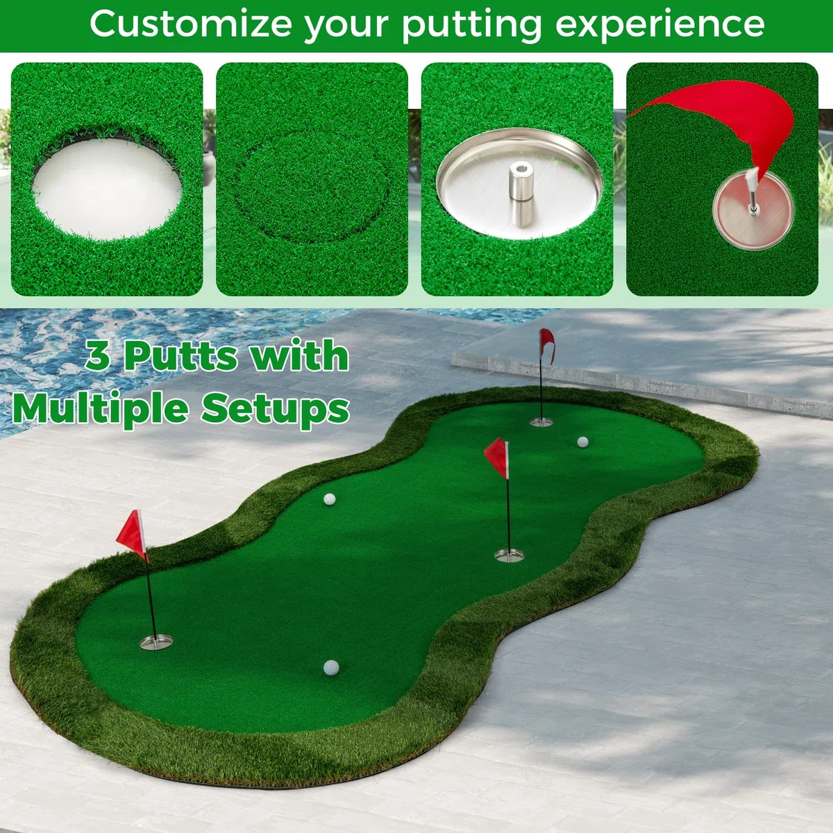 LIFEZEAL Tapis de golf professionnel 150 x 300 cm avec 3 trous et balles Tapis de putt pour intérieur et extérieur à la maison, au bureau, sur le patio