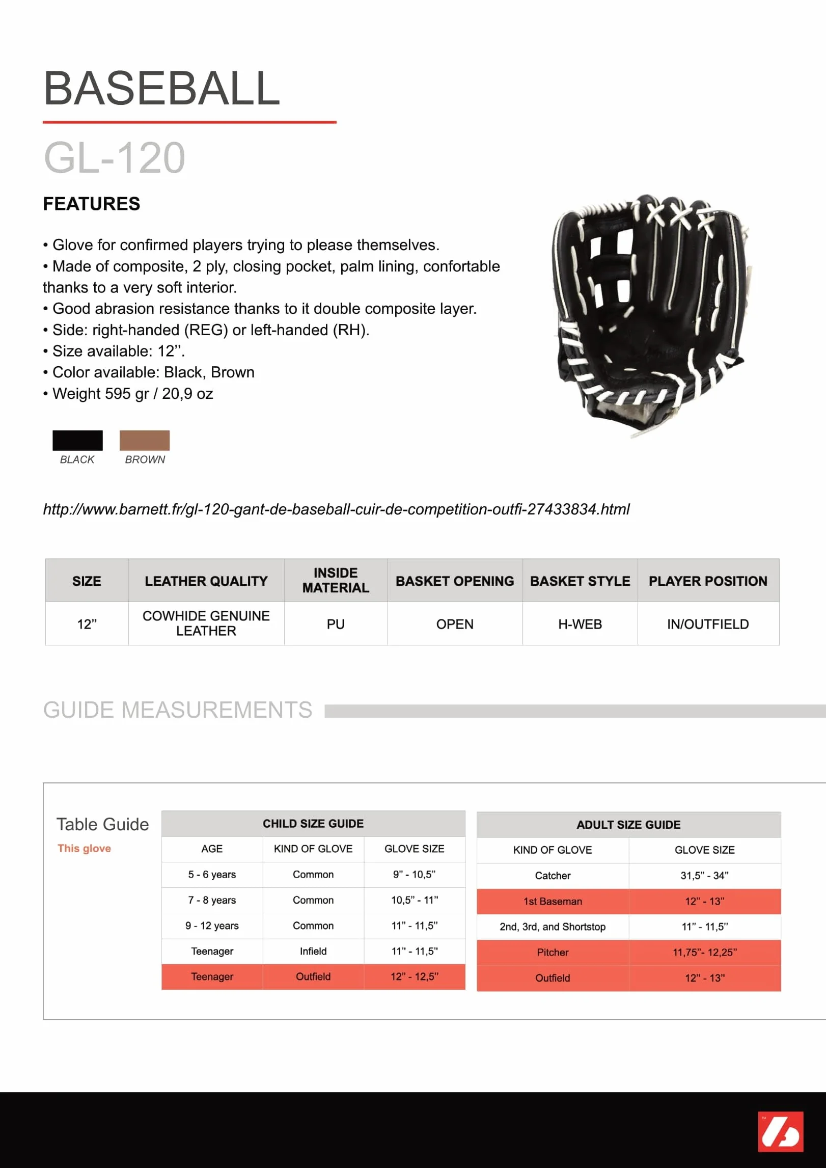 Barnett GL-120 Gant de baseball de compétition en cuir véritable, Outfield, 30,5 cm, marron